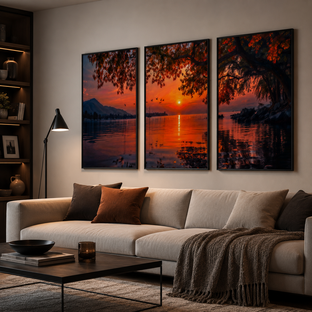 Sunset lake triptych canvas wall art, autumn mountain landscape print, 3 piece set for living room