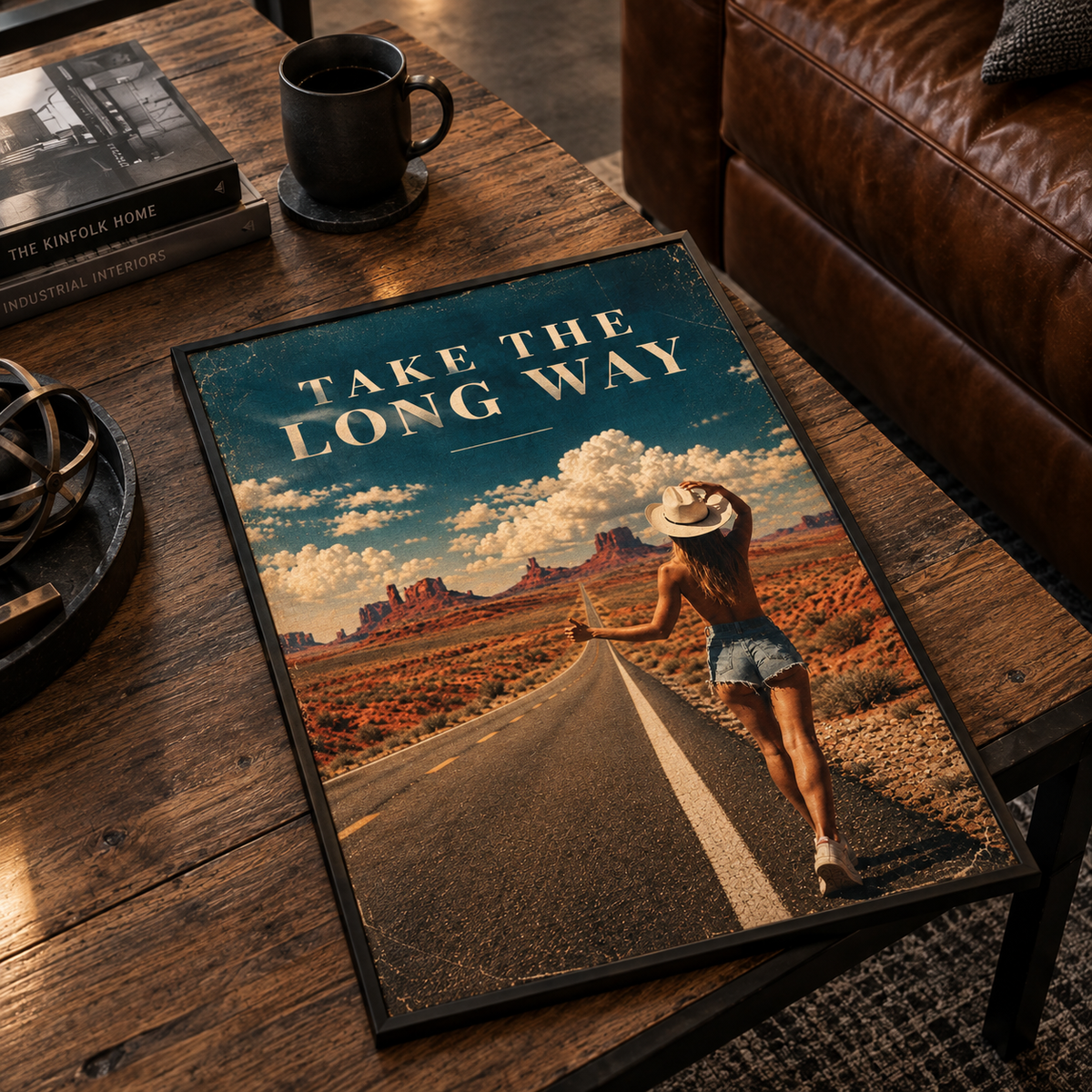 Hitchhiker in a white cowboy hat and denim shorts standing on a long desert road, vintage Americana poster