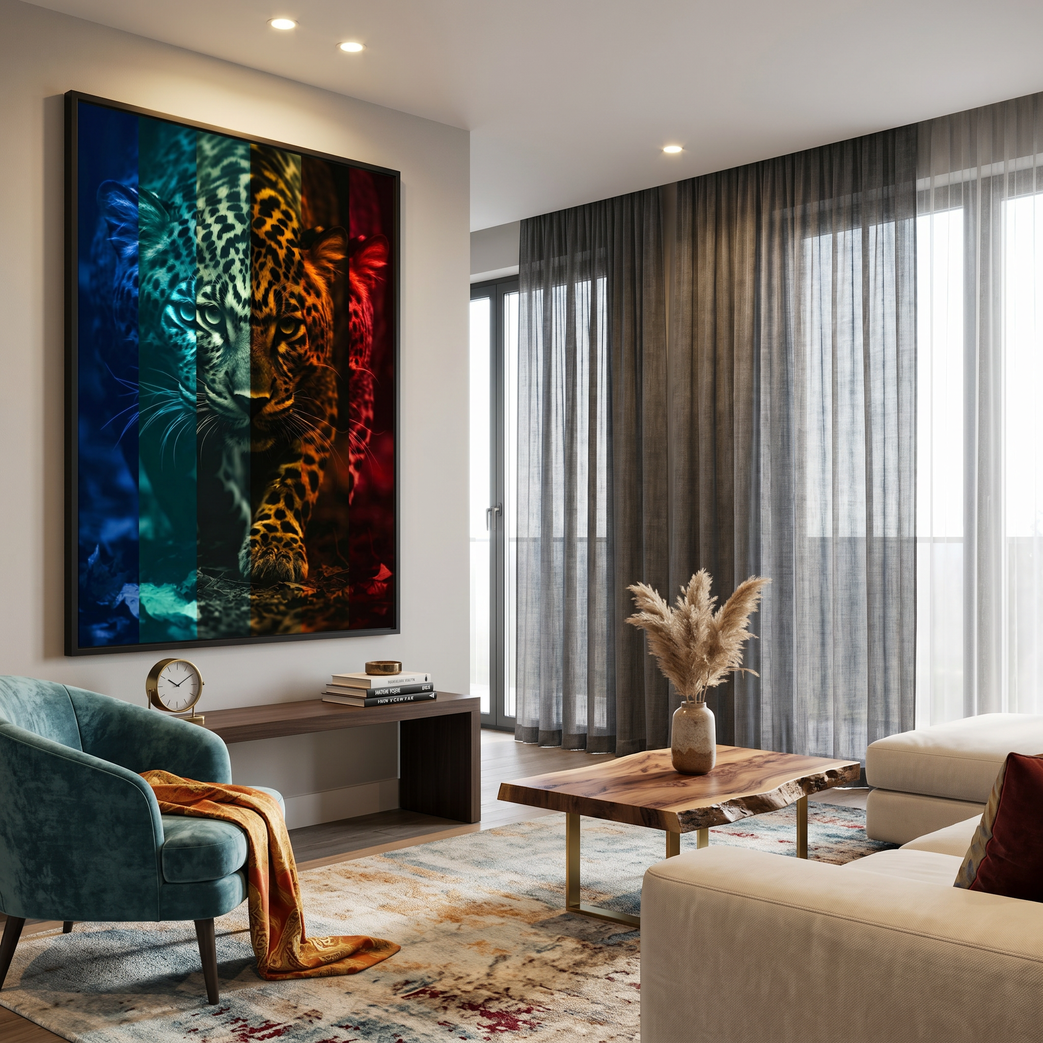 Leopard print wall art — six color bands frame one fierce, unblinking gaze