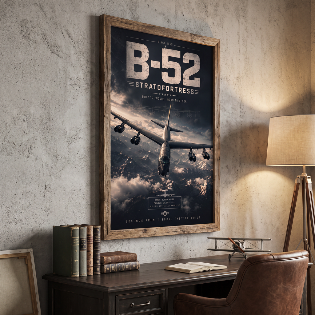 Cold war poster aesthetic — dramatic charcoal tones and mountain backdrop for a mens office art wall