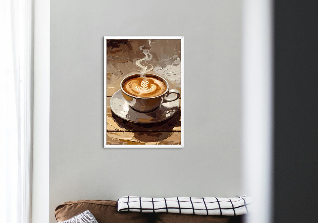 Steaming cappuccino in a ceramic cup with elegant latte art, placed on a saucer on a rustic table.