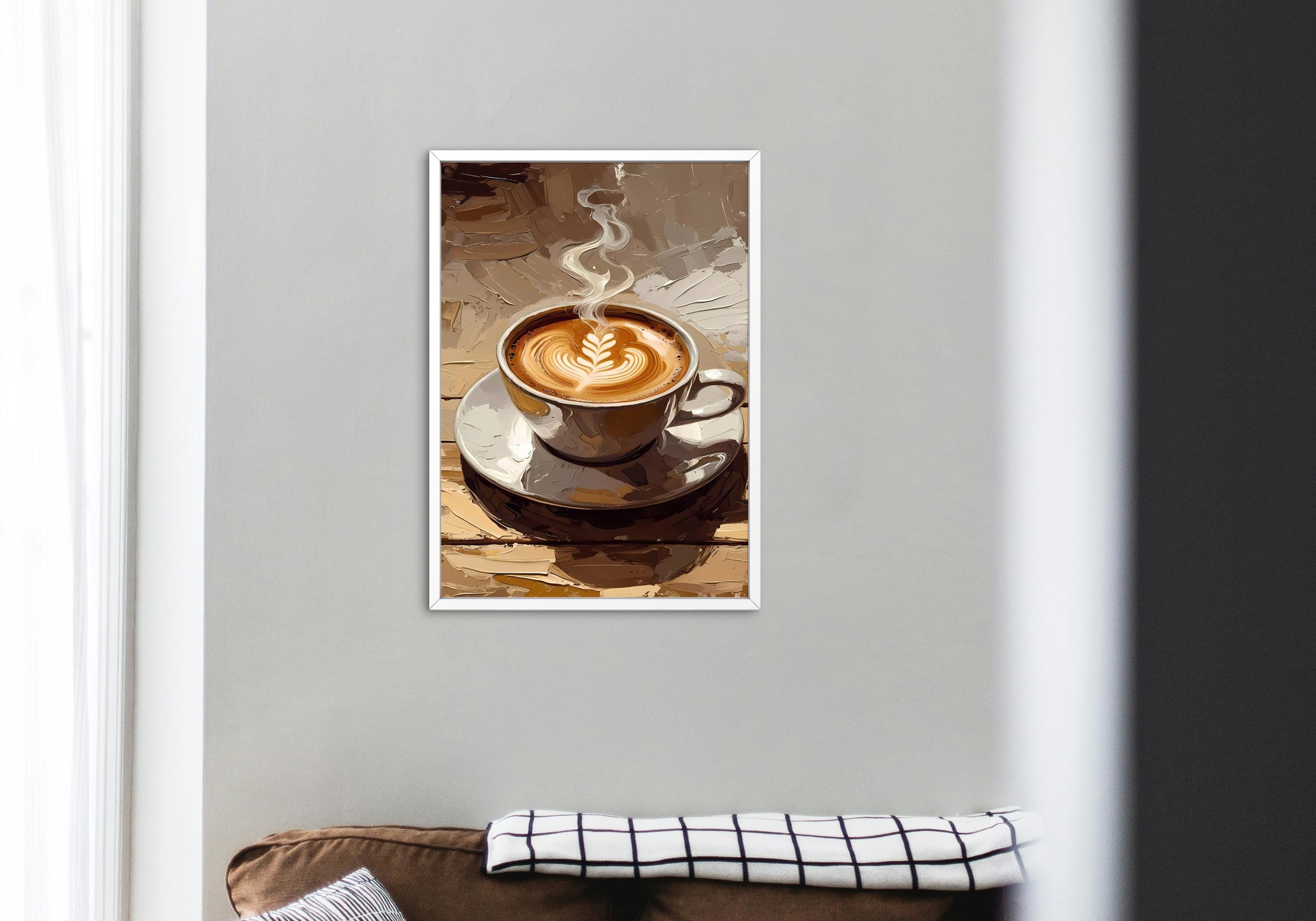 Steaming cappuccino in a ceramic cup with elegant latte art, placed on a saucer on a rustic table.