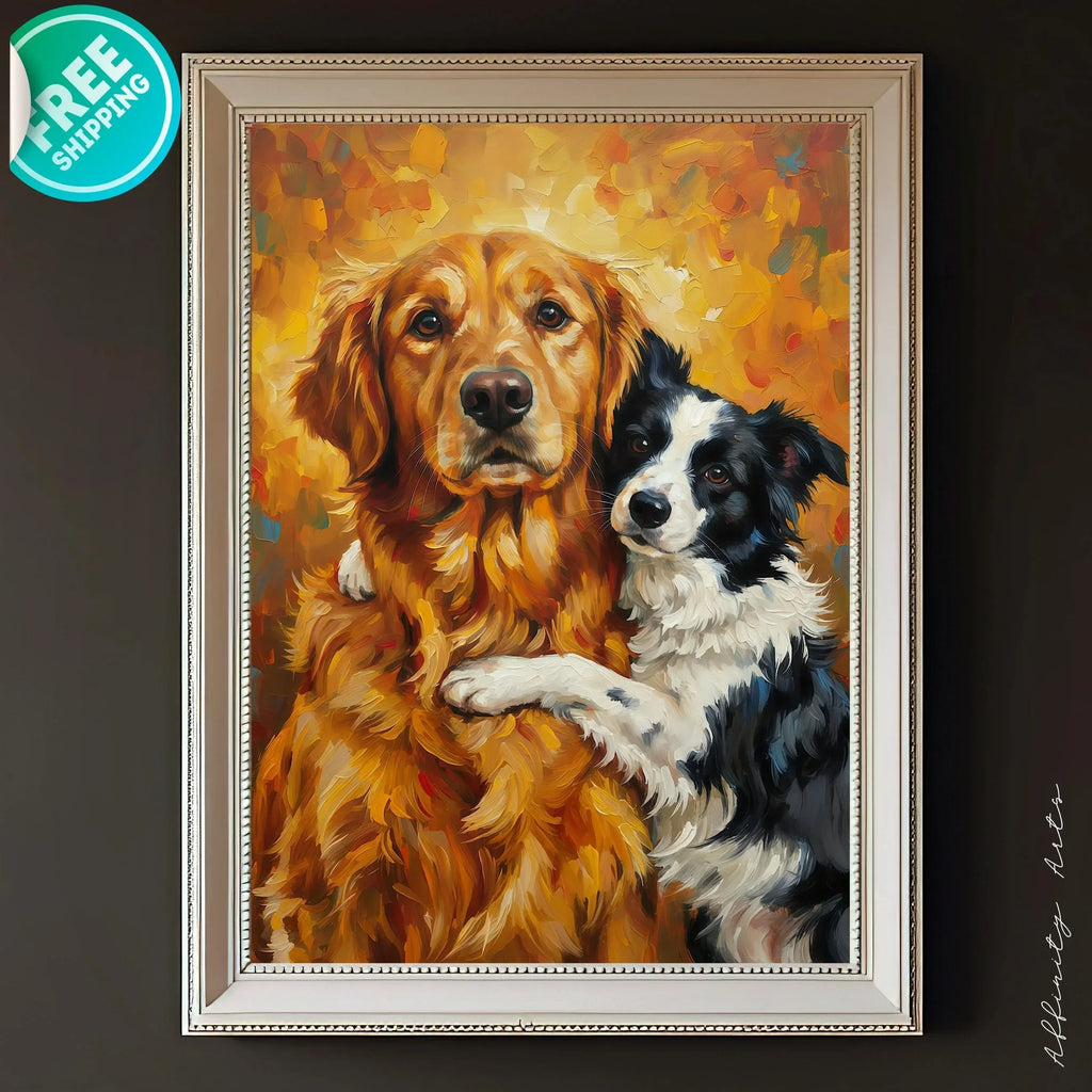Dog Friendship Art Print | Golden Retriever & Border Collie Hug | Satin Paper Poster - AffinityArts 