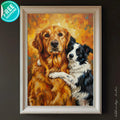Dog Friendship Art Print | Golden Retriever & Border Collie Hug | Satin Paper Poster - AffinityArts 
