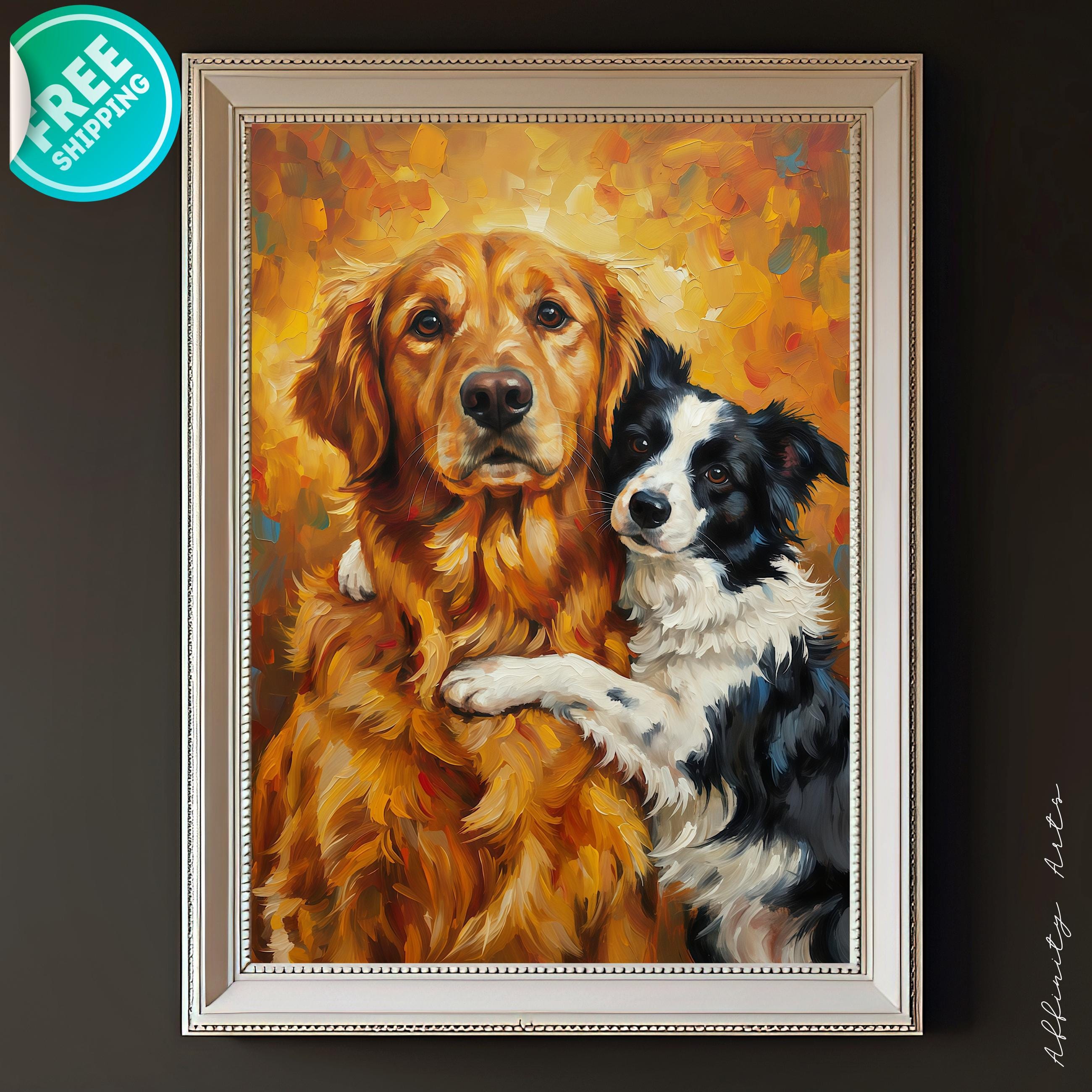 Oil painting of a golden retriever hugging a border collie against a warm orange background.