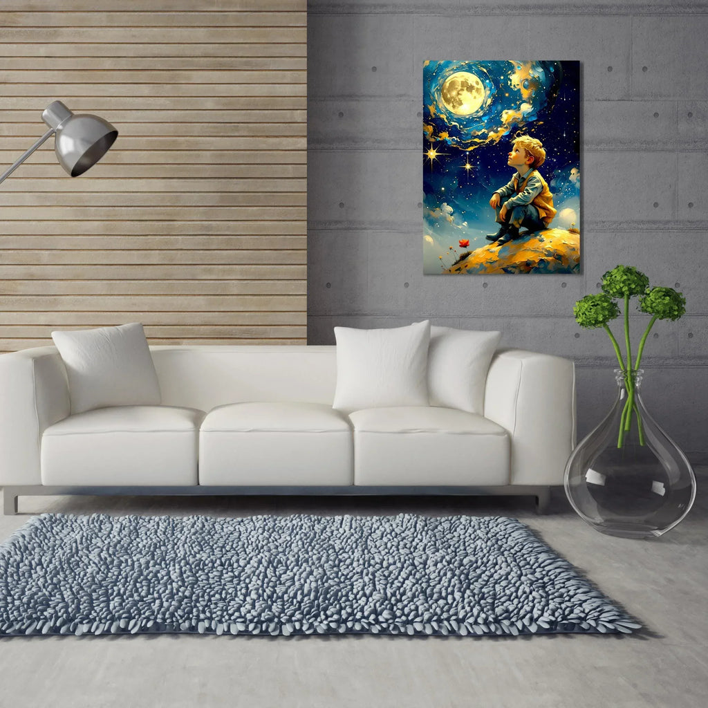 Fantasy Moon Wall Art – Dreamy Boy Under Starry Sky Canvas Print - AffinityArts 