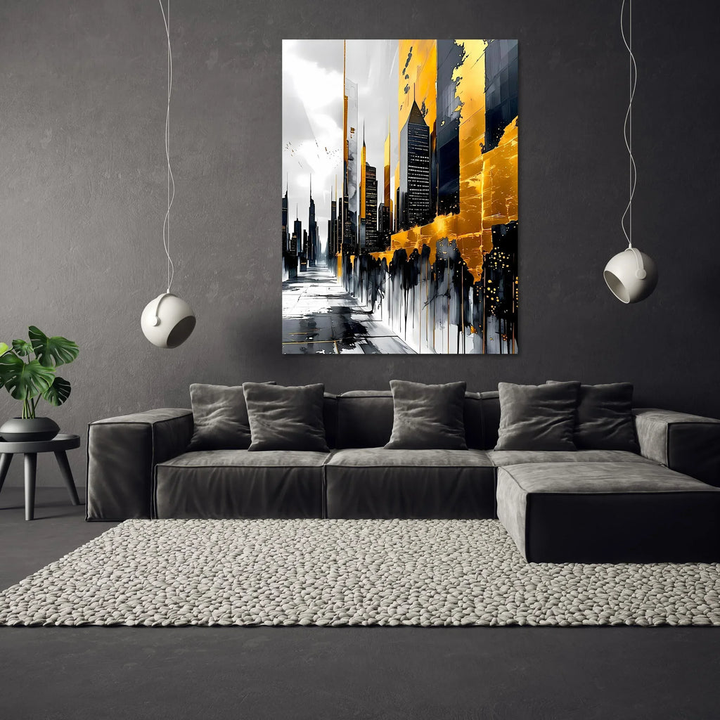 Luxury Urban Wall Art – Gold Drip Abstract Skyline Canvas Print - AffinityArts 