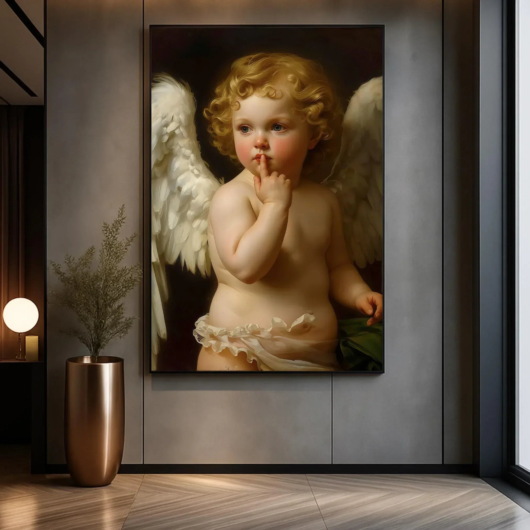 Winged Angel Art Print, Gold Curl Painting, Classic Home Decor (Digital File Option) - AffinityArts 