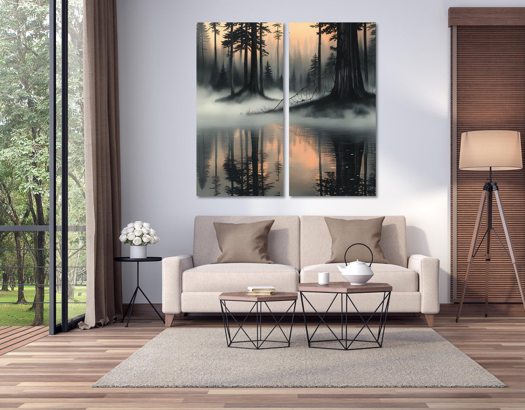 Canvas Wall Art Set – Misty Forest Lake Diptych Print, Foggy Pine Tree Landscape Posters AffinityArts