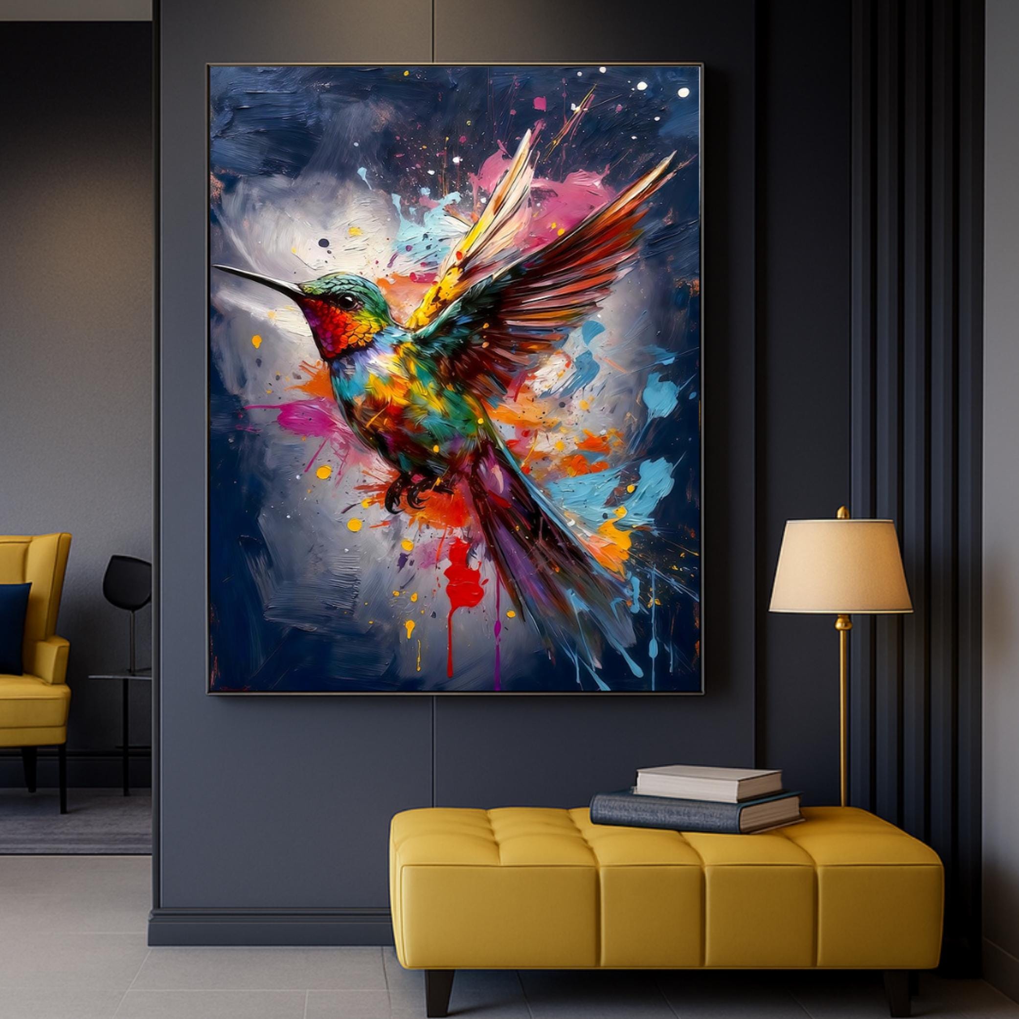 Colorful Hummingbird Wall Art Print, Blue Background, Premium Paper Poster, Canvas Print, Digital Download AffinityArts