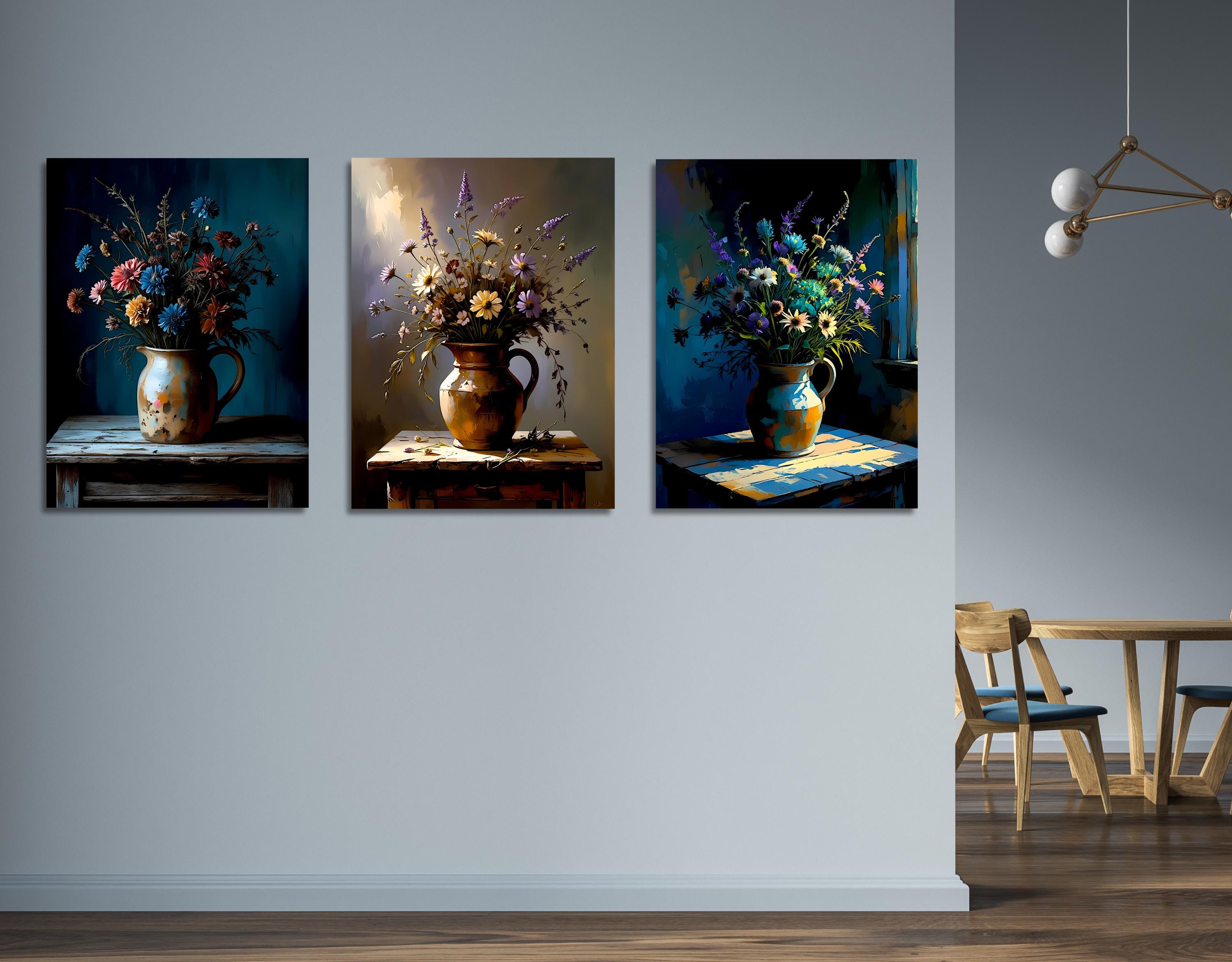 Art print set of wildflowers arranged in pottery jugs on wooden surfaces, painterly texture and deep colors
