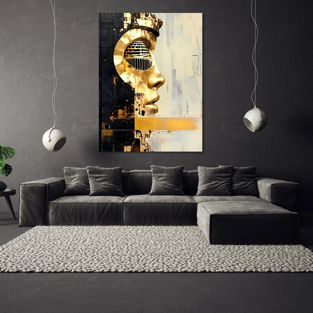 Modern Abstract Wall Art – Futuristic Golden Face Canvas, Cyberpunk Metal Texture Portrait Print - AffinityArts 