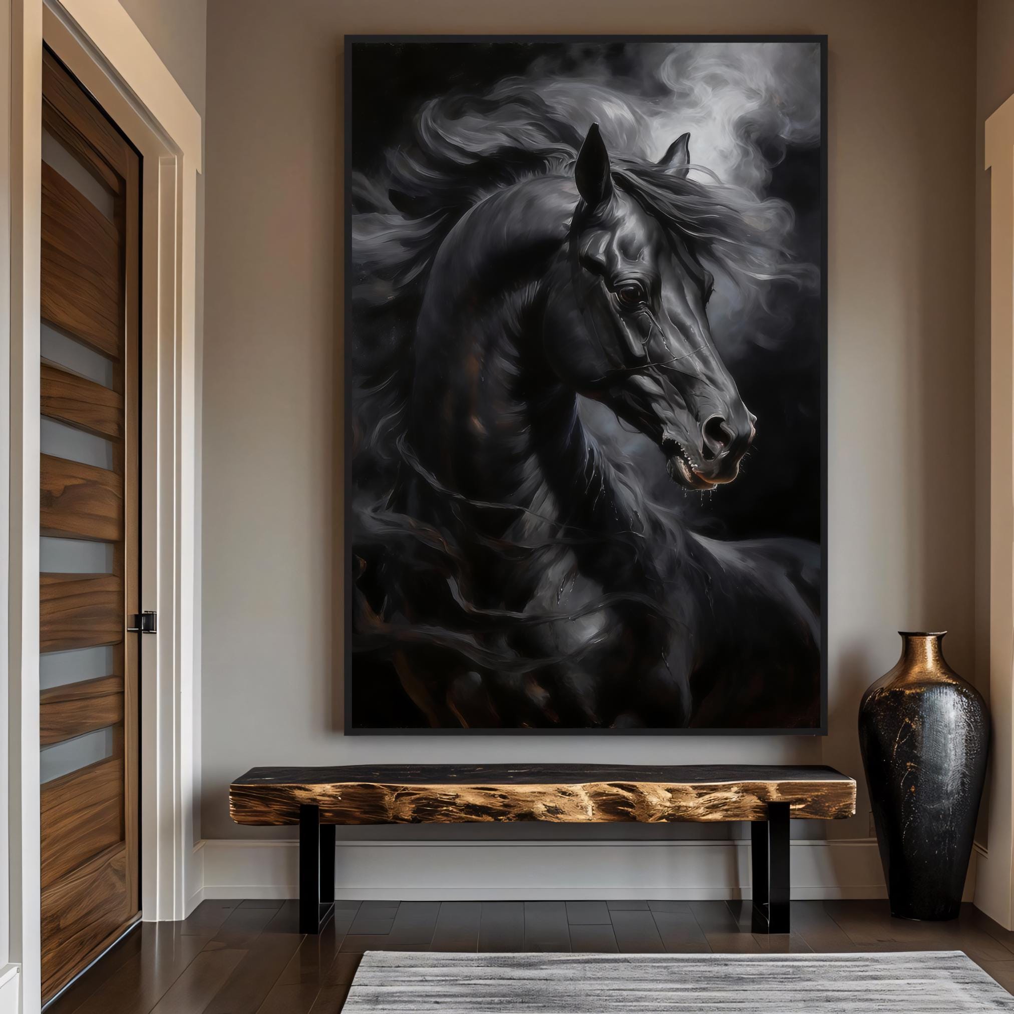 Intense close-up of a black horse's head with dynamic flowing hair in dramatic lighting
