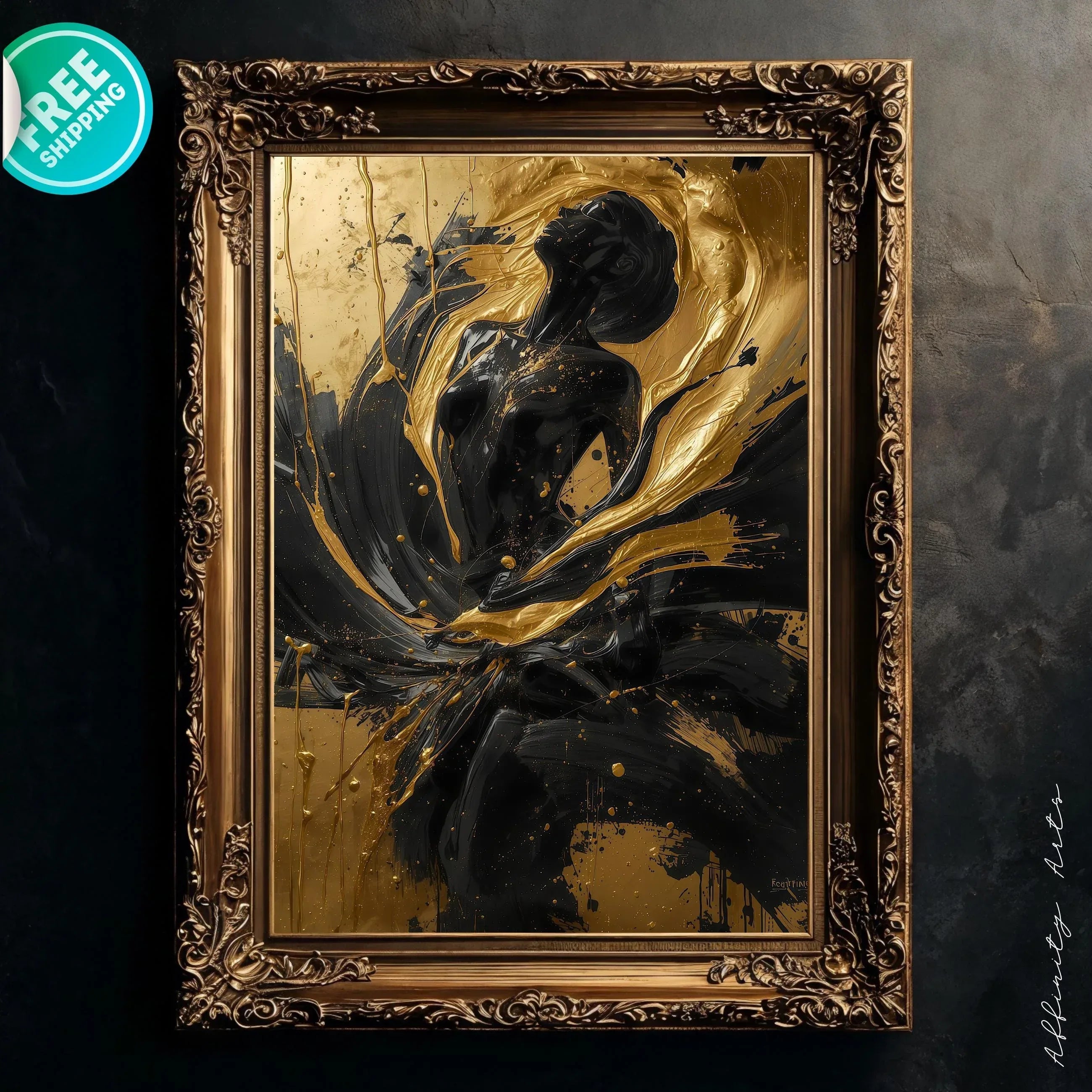 Black and Gold Abstract Woman Art Print, Modern Home Decor (Digital File Option) - AffinityArts 