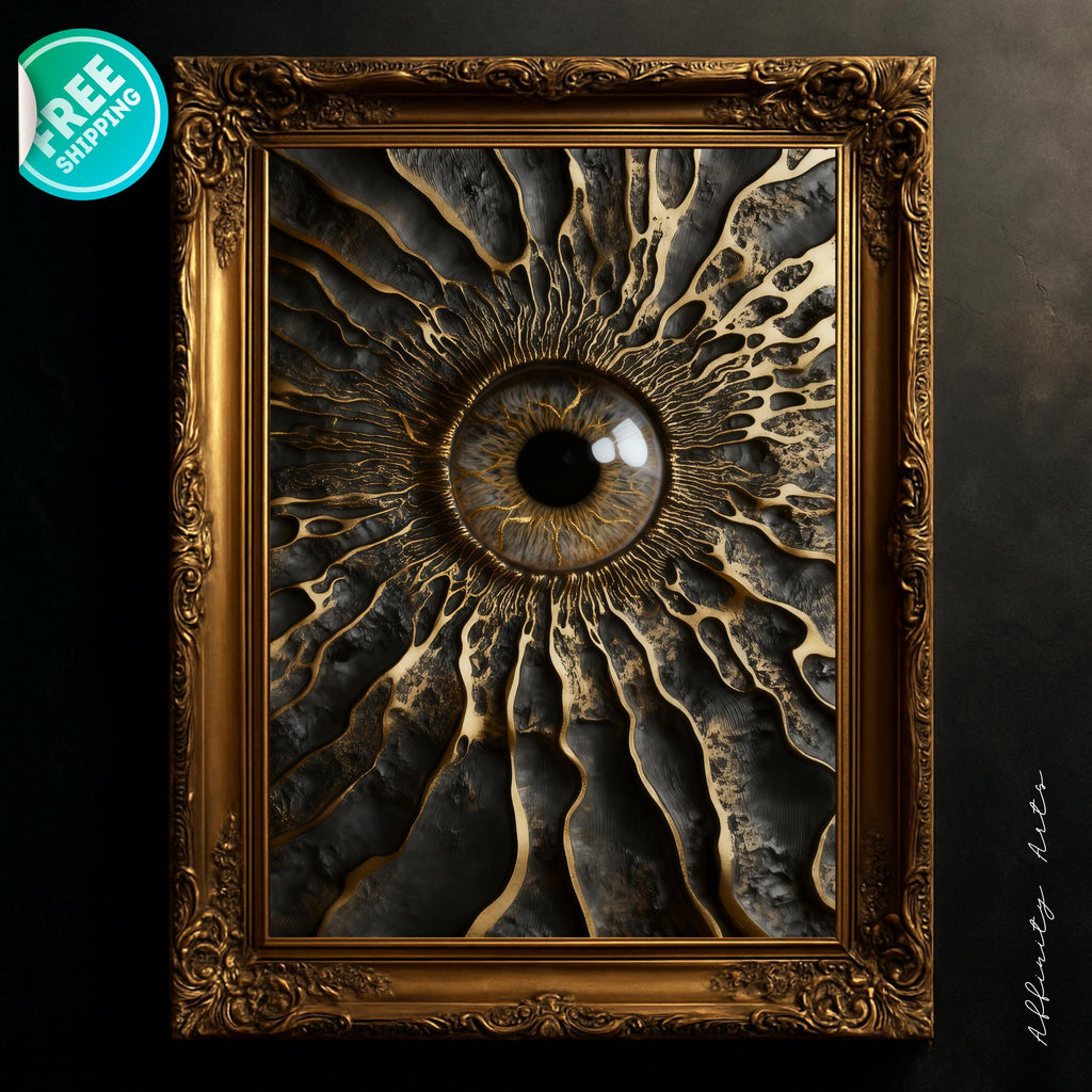 Gold Black Eye 3D Wall Art Print | Textured Iris Poster |Paper Art | Large Digital Download | Surreal Metallic Eye Decor AffinityArts