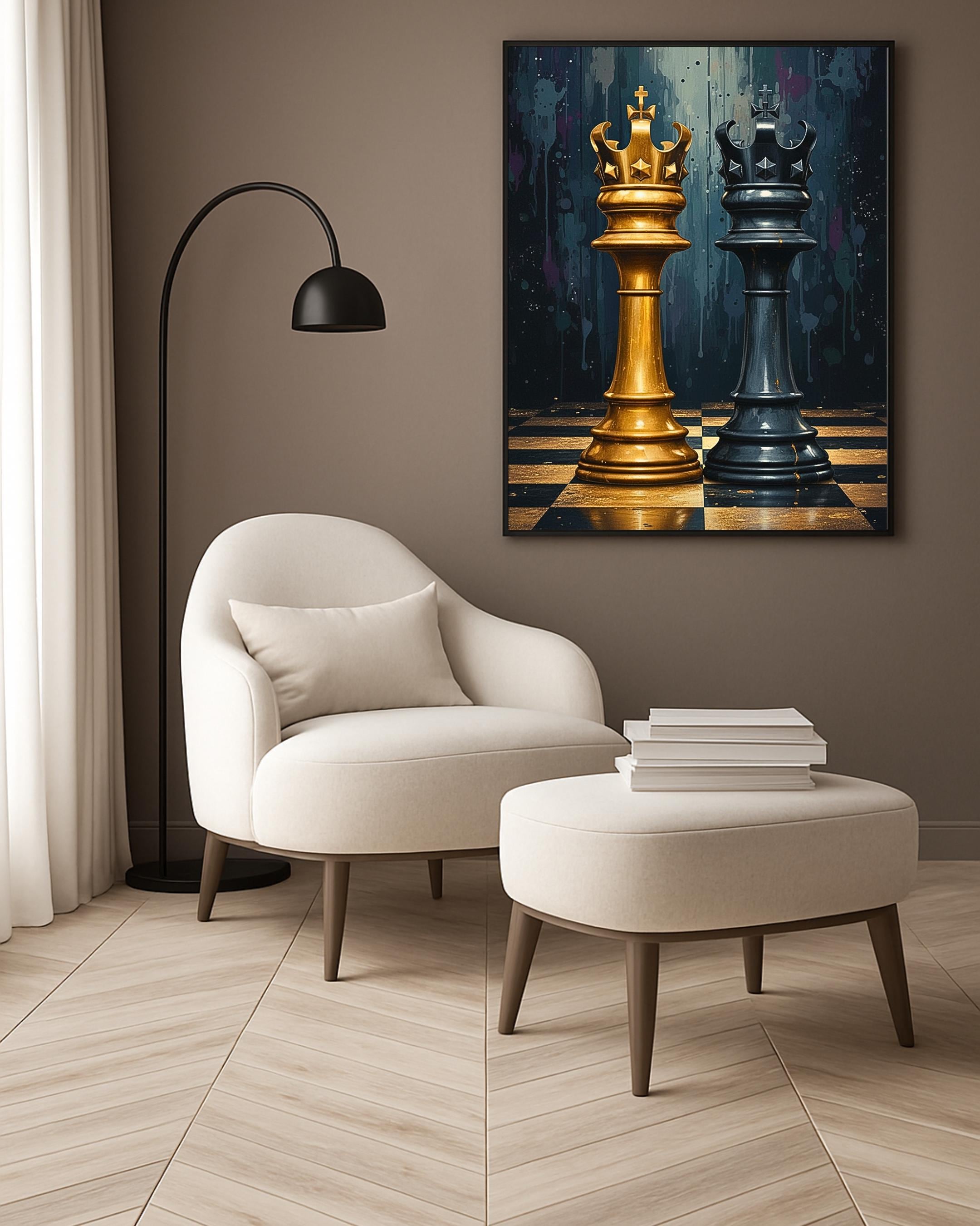 Detailed view of metallic gold and dark chess king figures on a chessboard.