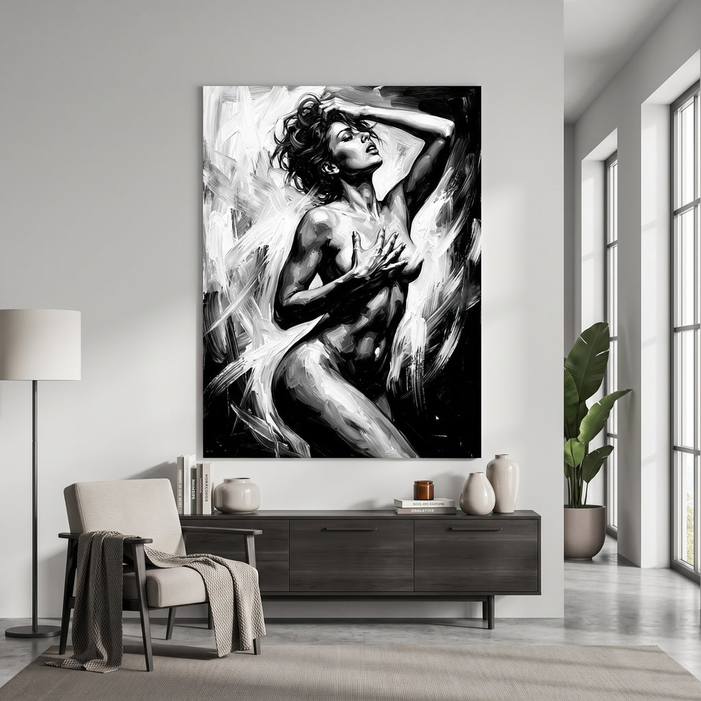 Feminine wall art hanging above a bed in monochrome interior