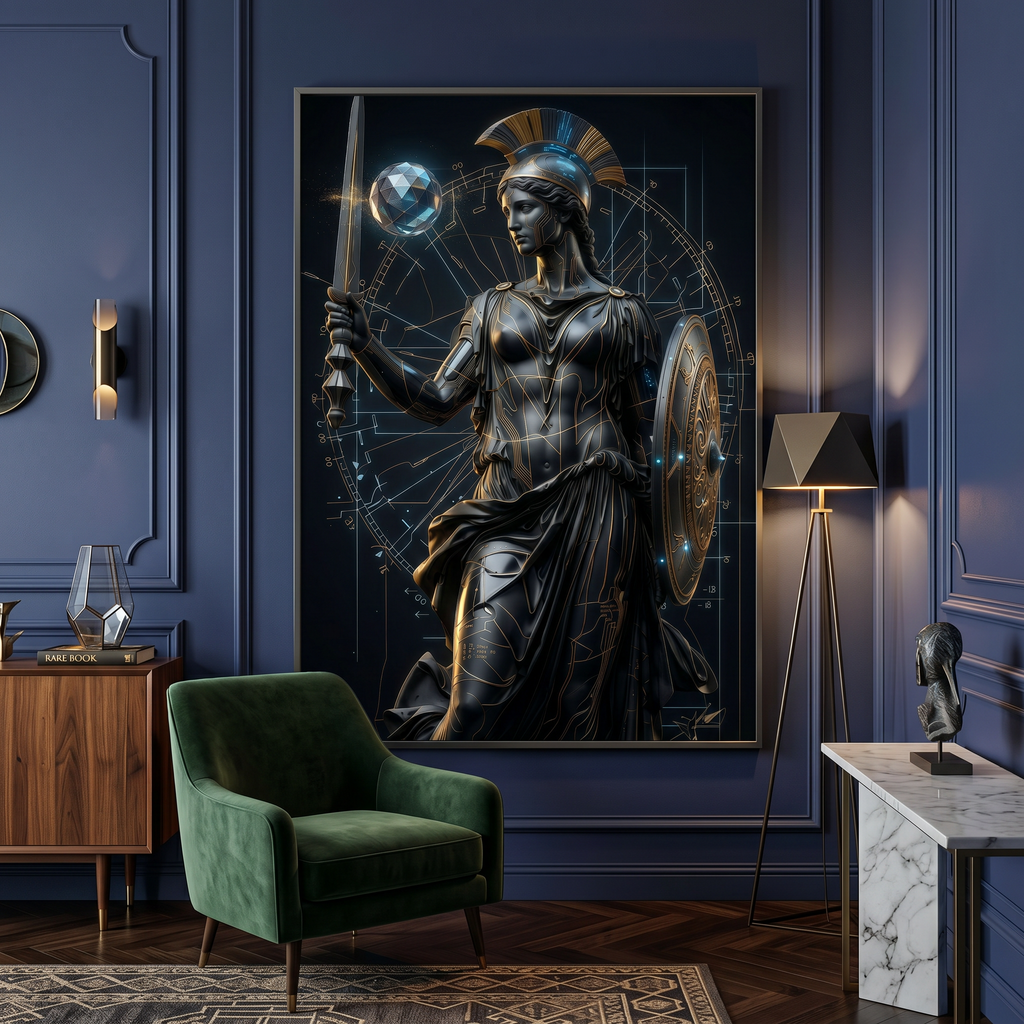 athena wall art cyberpunk greek goddess poster with metallic gold details in modern office
