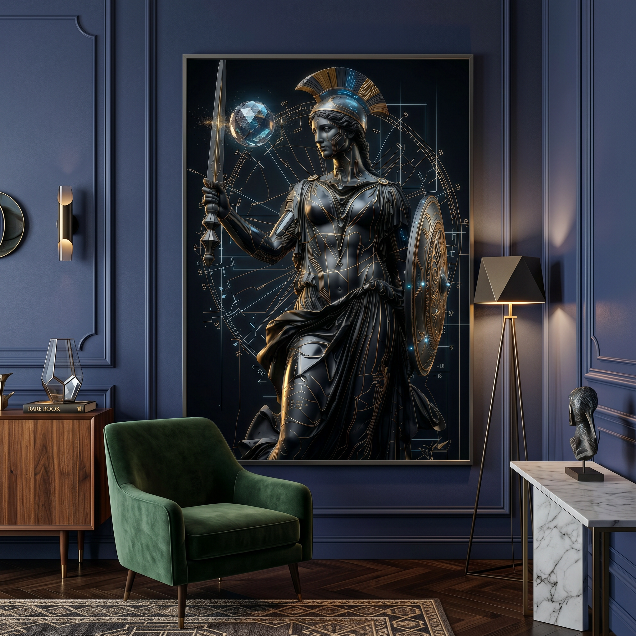 athena wall art cyberpunk greek goddess poster with metallic gold details in modern office