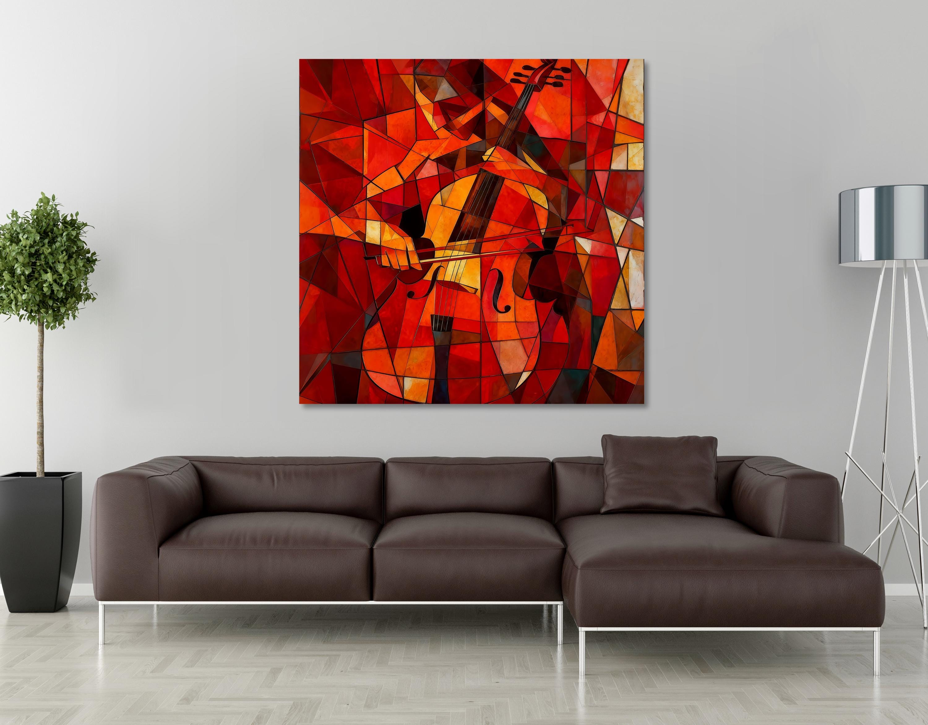 Cubism Cello Canvas Wall Art | Red Orange Abstract Music Painting | Wooden stretcher frame AffinityArts