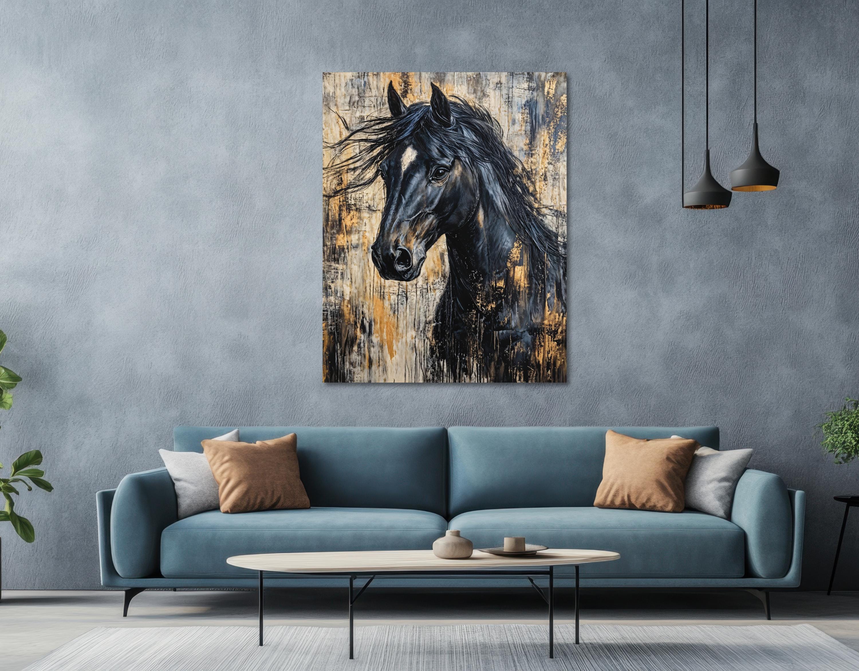 Hyper-realistic portrait of a noble black equine, mane billowing in the wind, subtle white marking on face, golden splatters evoking motion and luxury.
