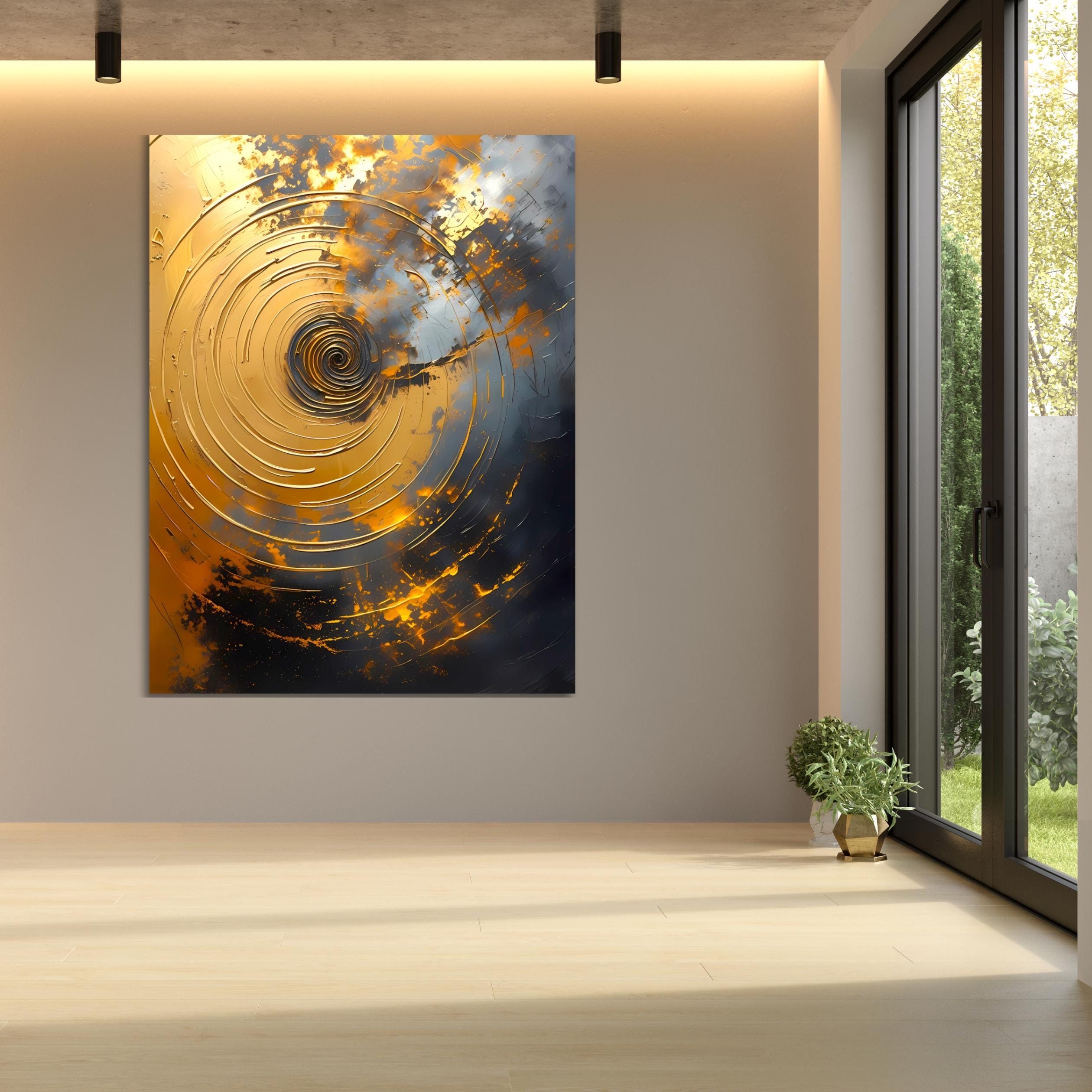 Impasto oil painting: concentric gold rings, orange splatters, and gray sfumato effects.
