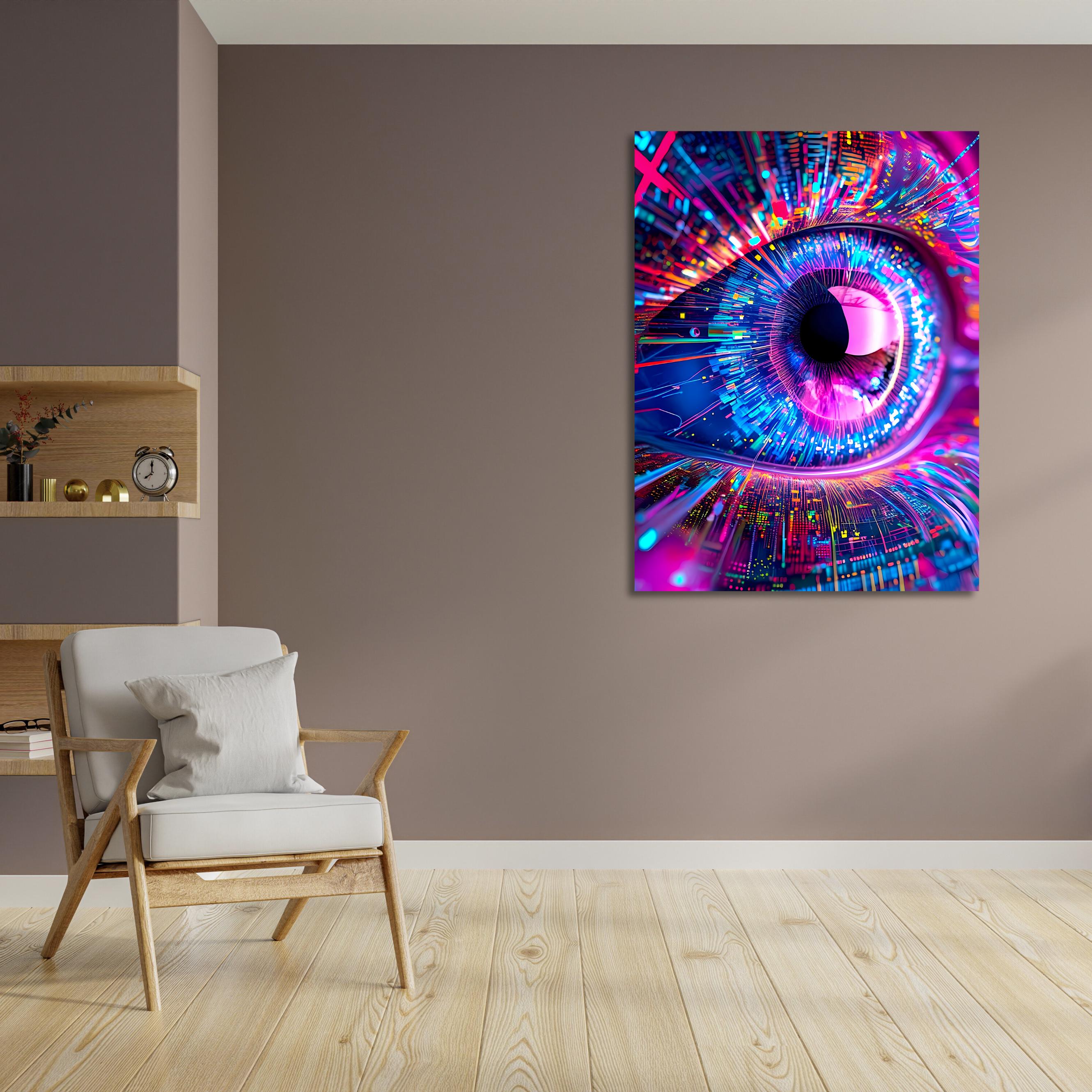 AI Vision Wall Art - Abstract Futuristic Eye Canvas Print in Neon Tech Style