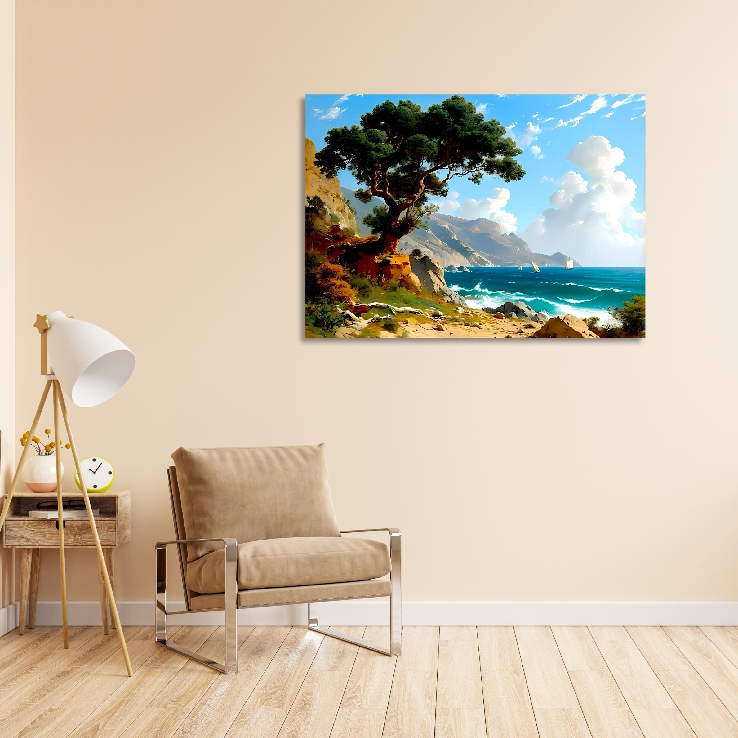 Coastal Landscape Canvas Print – Seascape Wall Art with Sailboats & Tree – Ocean Shoreline Decor AffinityArts