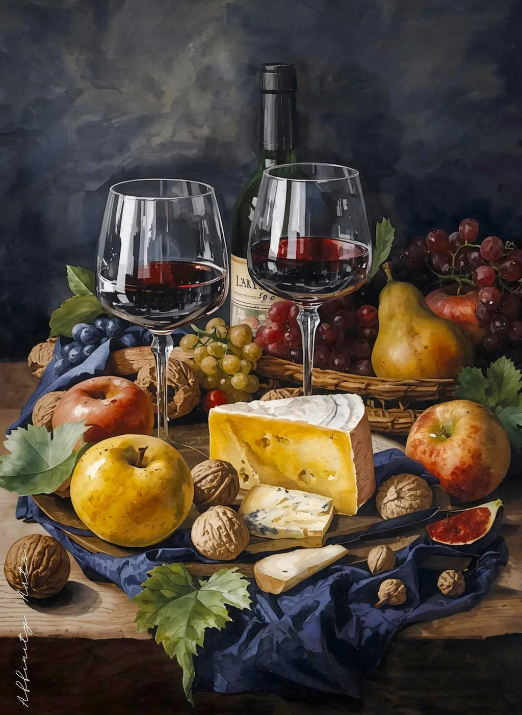 Watercolor Still Life Wine and Cheese Poster Print | Kitchen Dining Wall Art | Digital Download - AffinityArts 