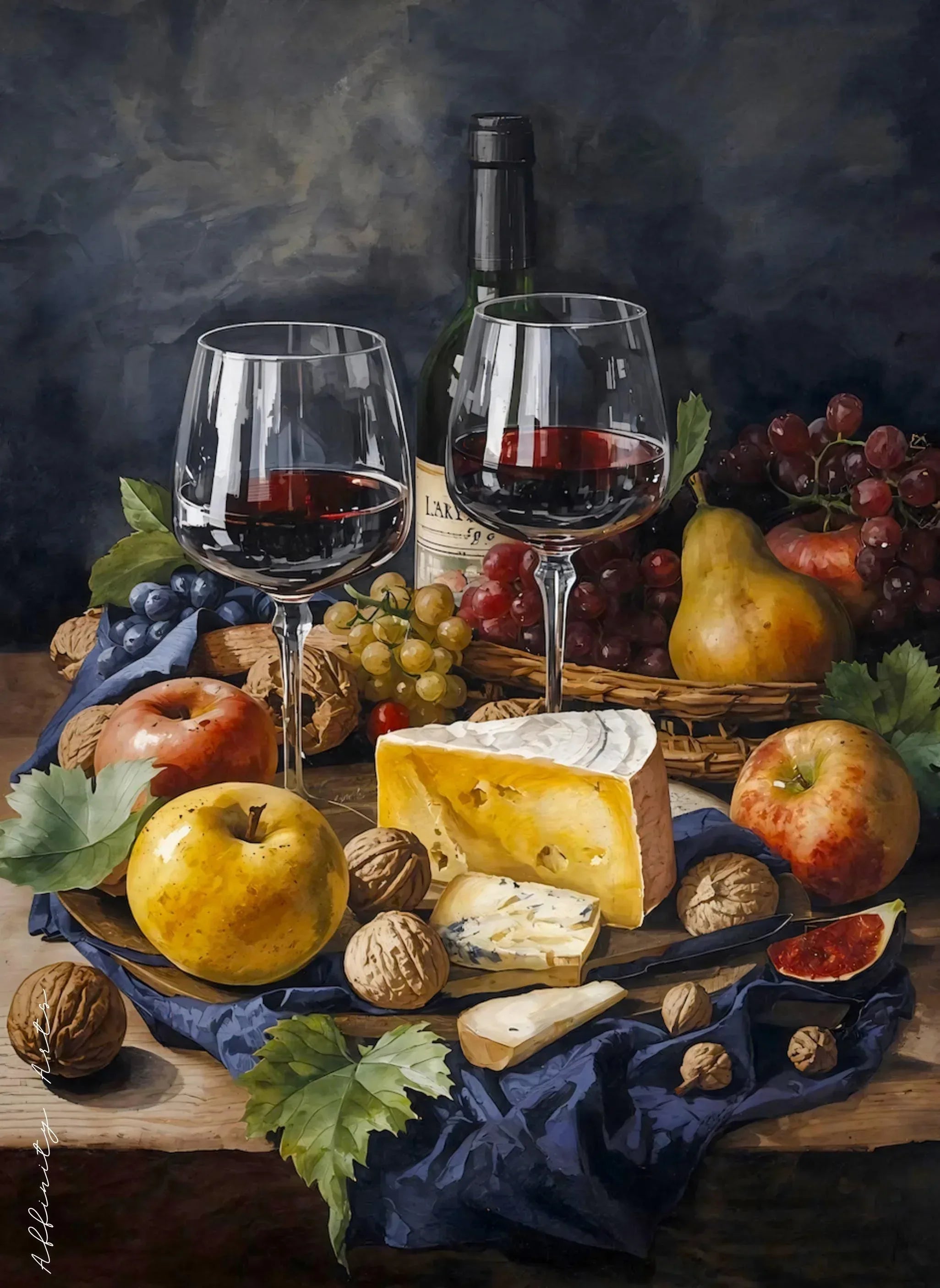 Watercolor Still Life Wine and Cheese Poster Print | Kitchen Dining Wall Art | Digital Download - AffinityArts 