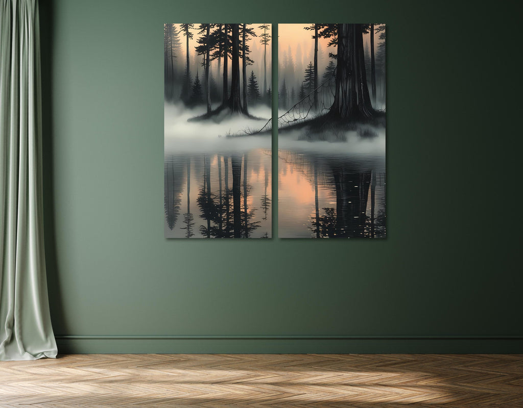 Canvas Wall Art Set – Misty Forest Lake Diptych Print, Foggy Pine Tree Landscape Posters AffinityArts