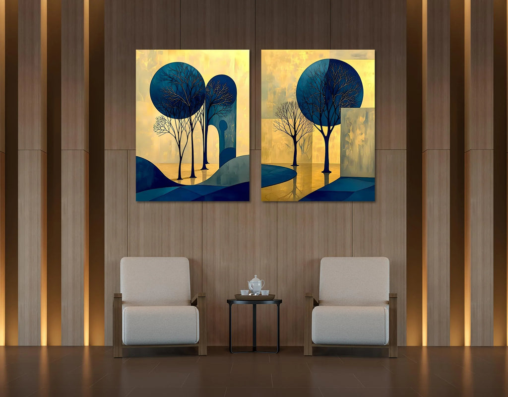 Abstract Tree Art Set: Blue and Gold Landscape Canvas or Poster - AffinityArts 