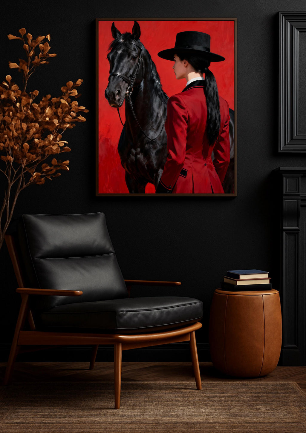 Moody equestrian art featuring a female rider and her black horse against an intense crimson background.
