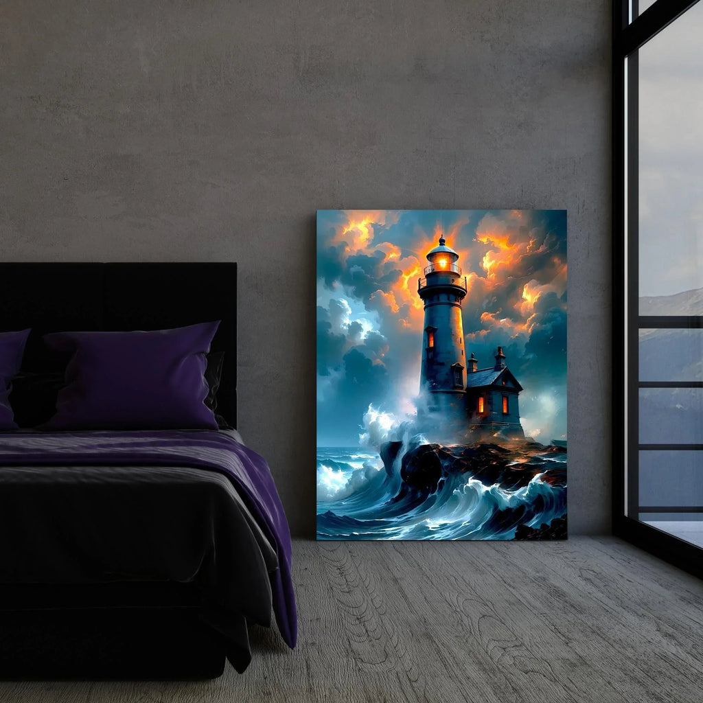 Lighthouse Canvas Wall Art – Stormy Ocean Painting with Dramatic Sky – Nautical Seascape Home Decor - AffinityArts 