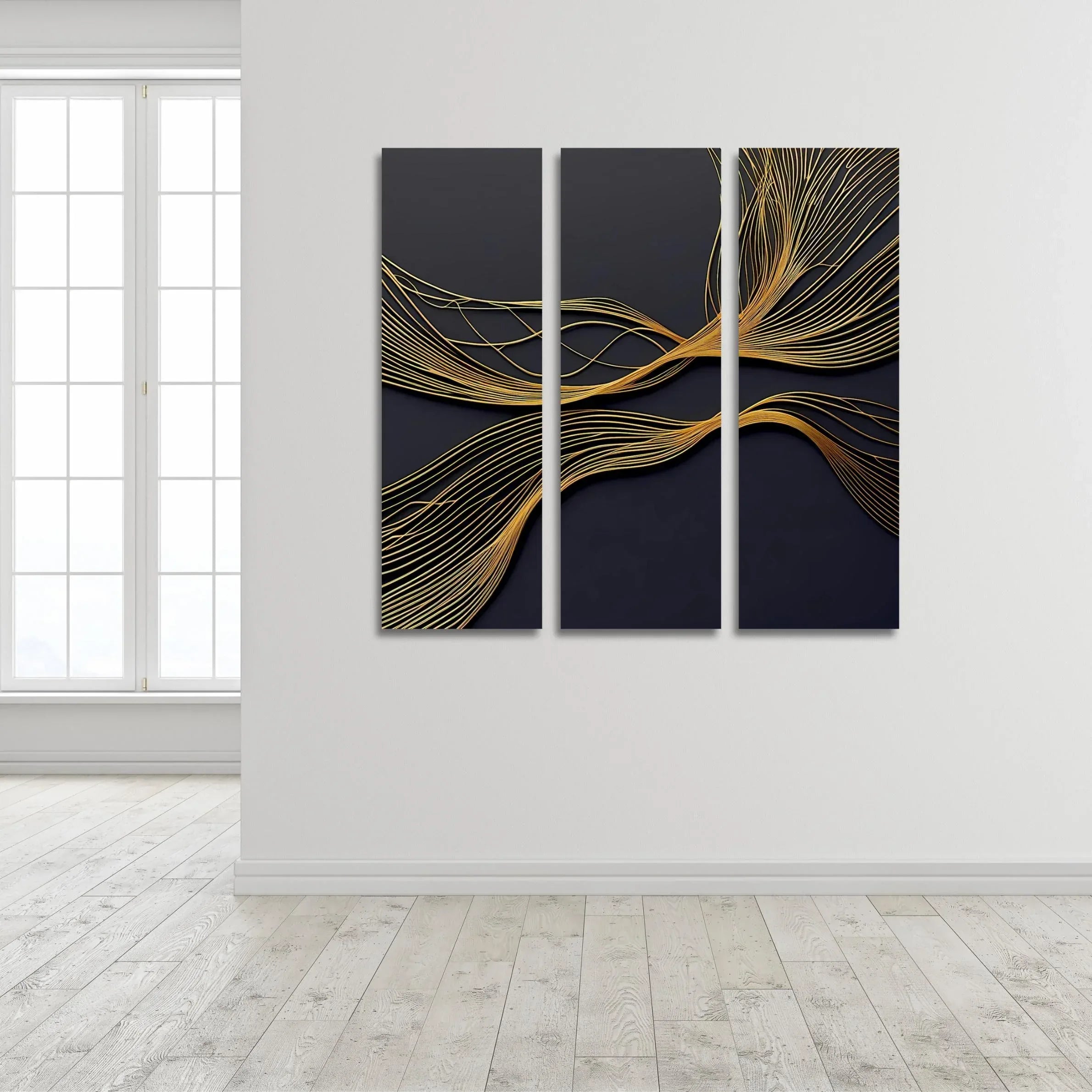 Gold Line Abstract Triptych Canvas Art: Modern Black and Gold Wall Decor - AffinityArts 