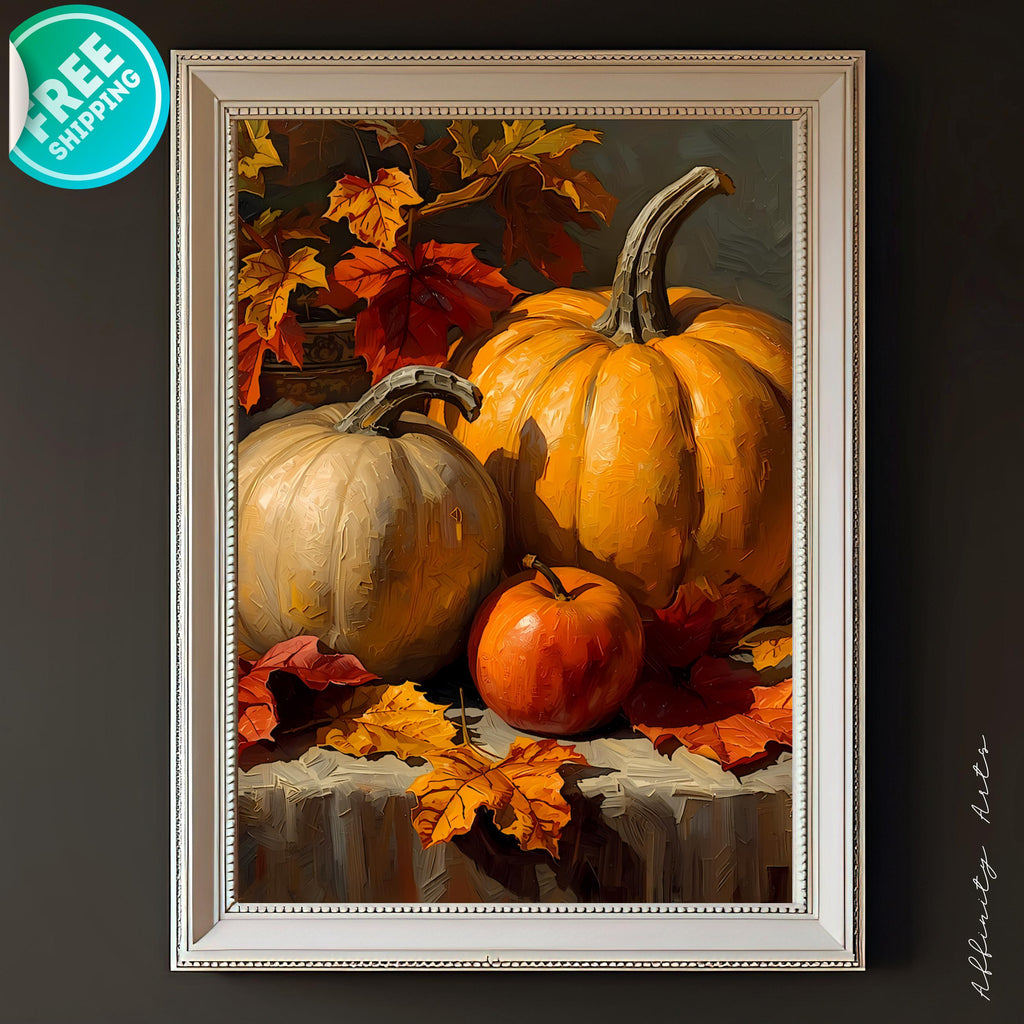 Autumn still life with two pumpkins, a red apple, and colorful fall leaves on a rustic wooden surface.
