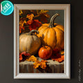 Autumn still life with two pumpkins, a red apple, and colorful fall leaves on a rustic wooden surface.