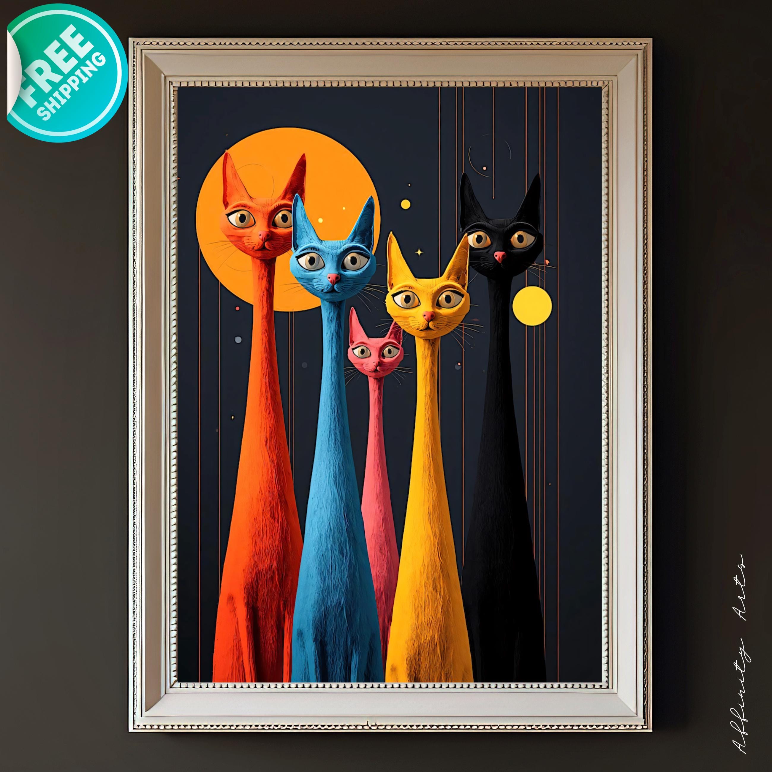 Colorful long-neck cats in a whimsical modern illustration with a large orange moon on a dark night background.