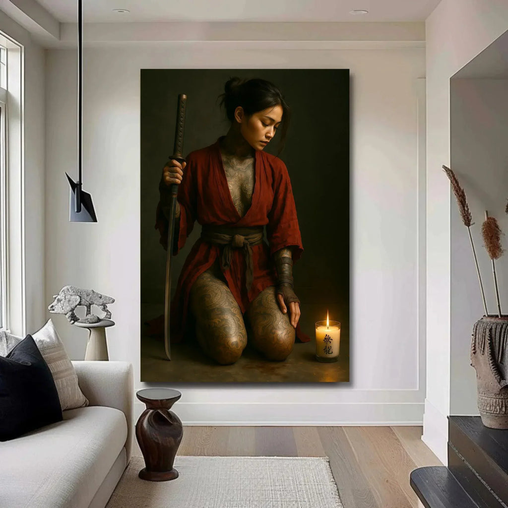 Red Kimono Warrior Poster, Tattooed Female Samurai Wall Art, Premium Paper Print or Digital Download, Multiple Sizes - AffinityArts 