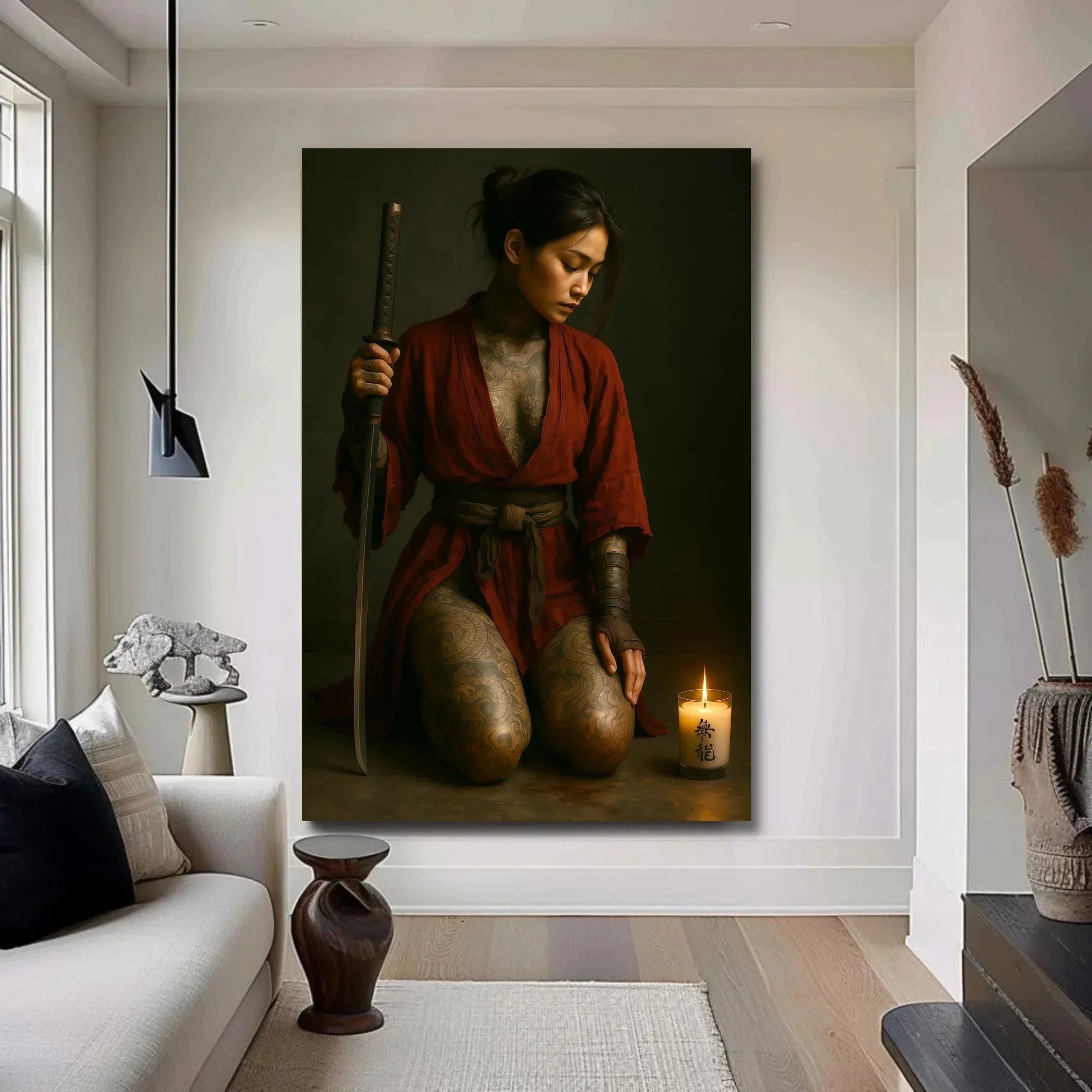Red Kimono Warrior Poster, Tattooed Female Samurai Wall Art, Premium Paper Print or Digital Download, Multiple Sizes - AffinityArts 