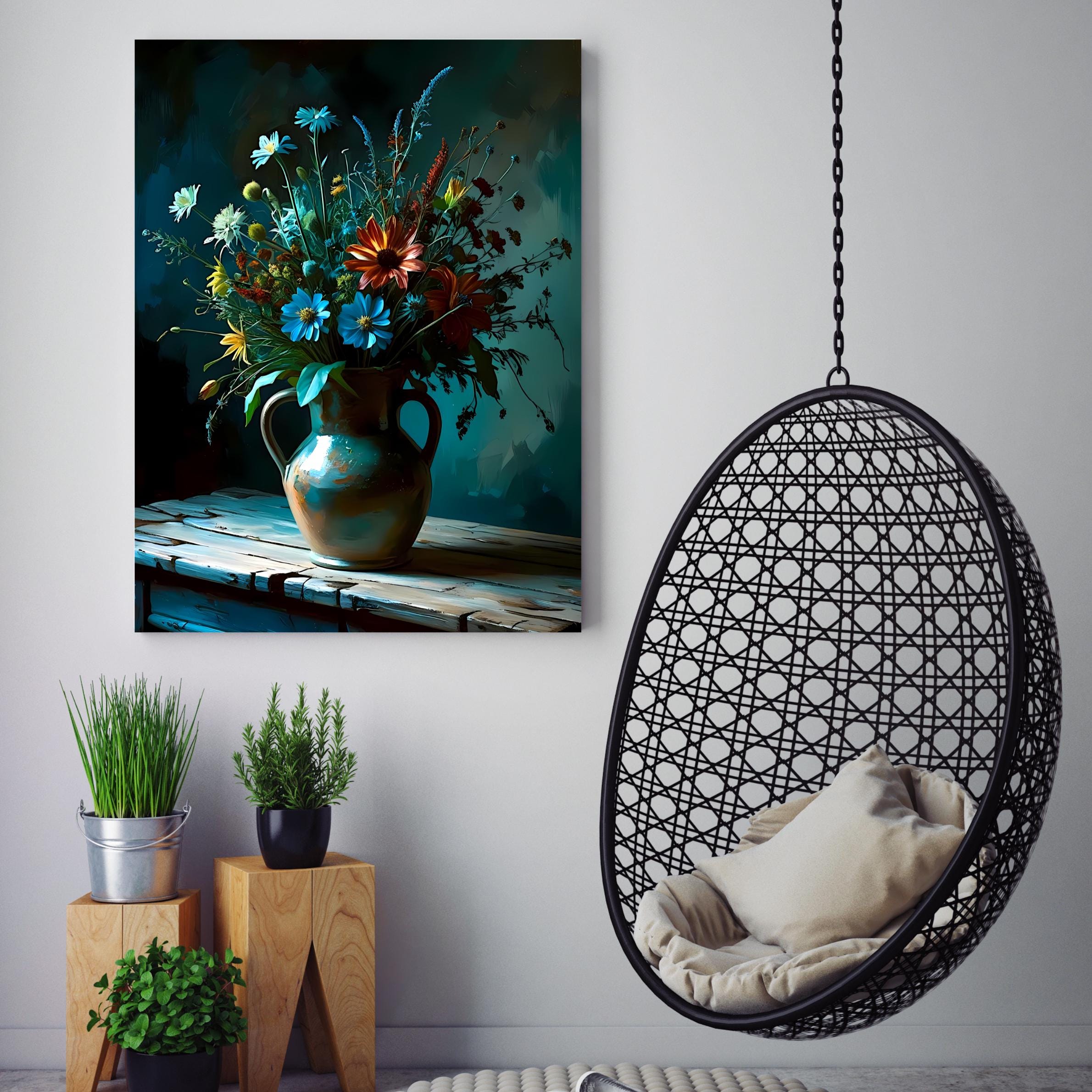 Surrealist-style painting of diverse garden flowers in a patinated ceramic urn atop splintered planks, enveloped in twilight hues of indigo and emerald.