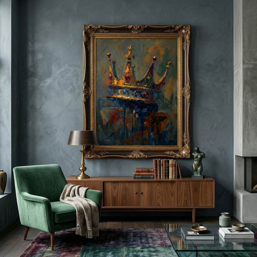 Bold oil painting of a king's crown with cross topper, rich gold and deep navy tones