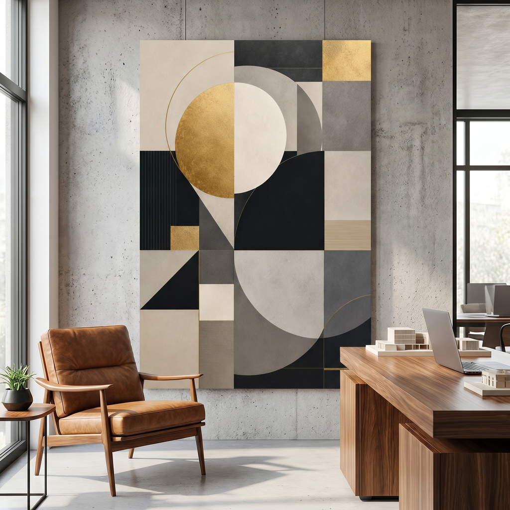 Beige wall art with layered circles and gold contour lines catching afternoon sun