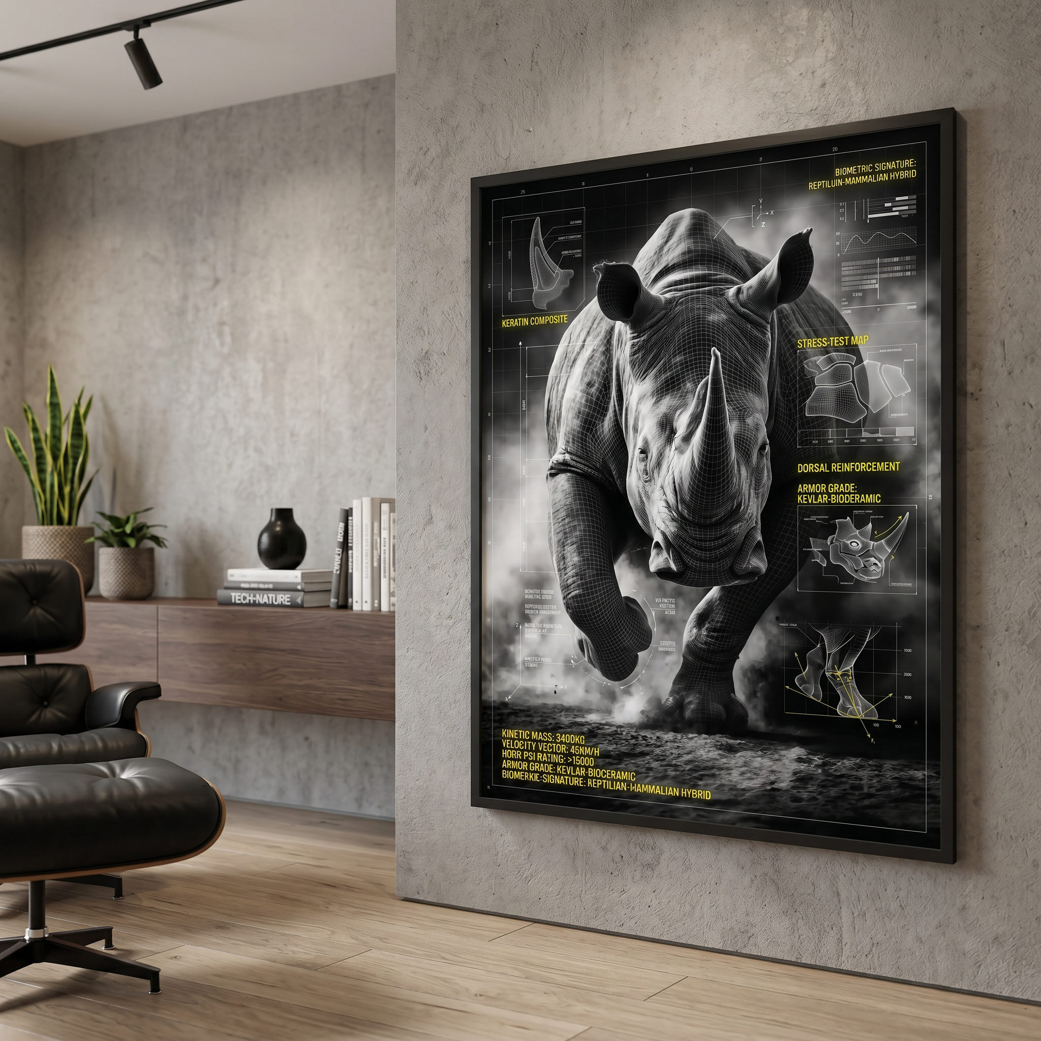 charging rhino, blueprint poster, scifi home decor, black white animal anatomy