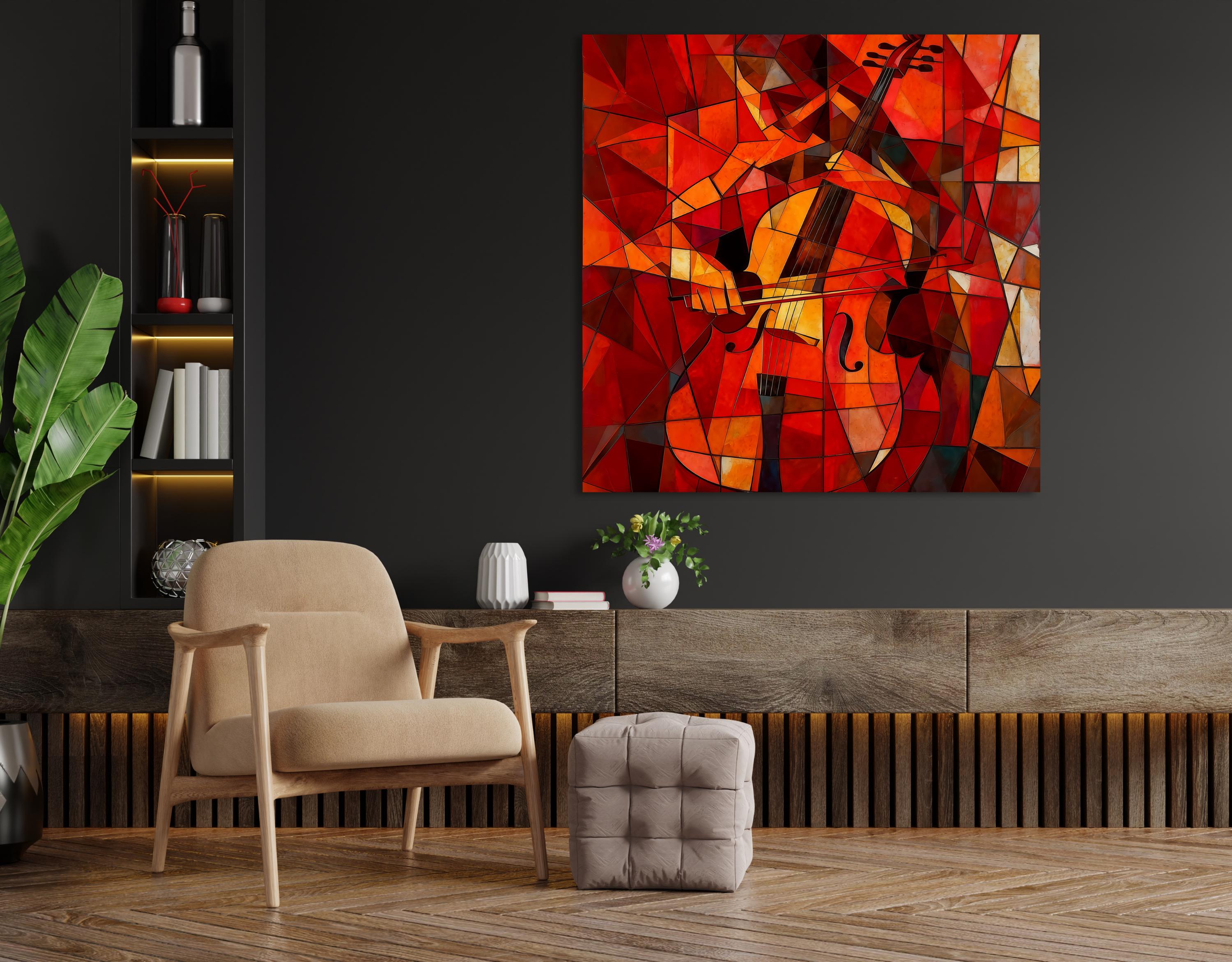 Cubism Cello Canvas Wall Art | Red Orange Abstract Music Painting | Wooden stretcher frame AffinityArts