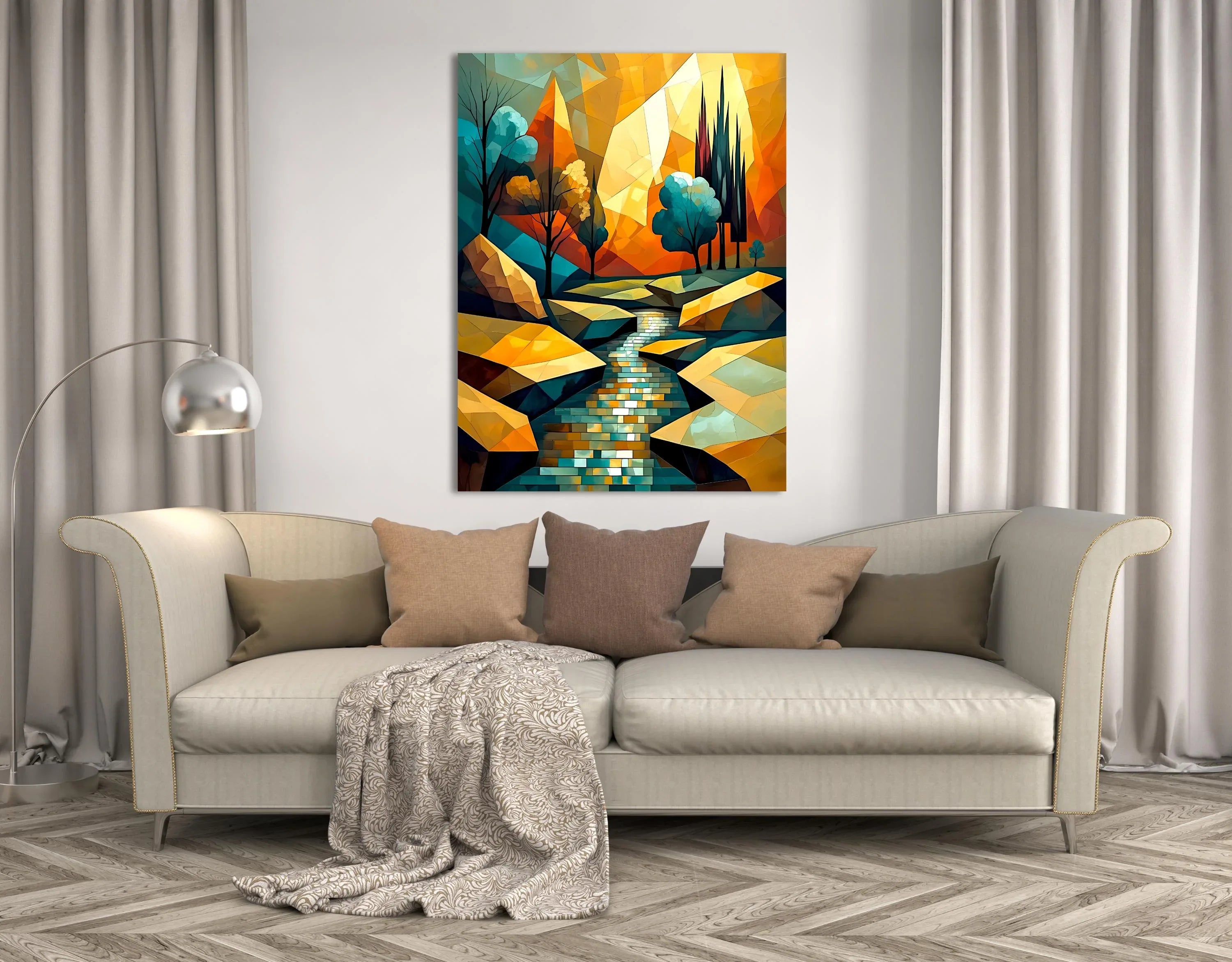 Abstract Mountain Landscape Canvas Wall Art – Colorful River Print Poster - AffinityArts 