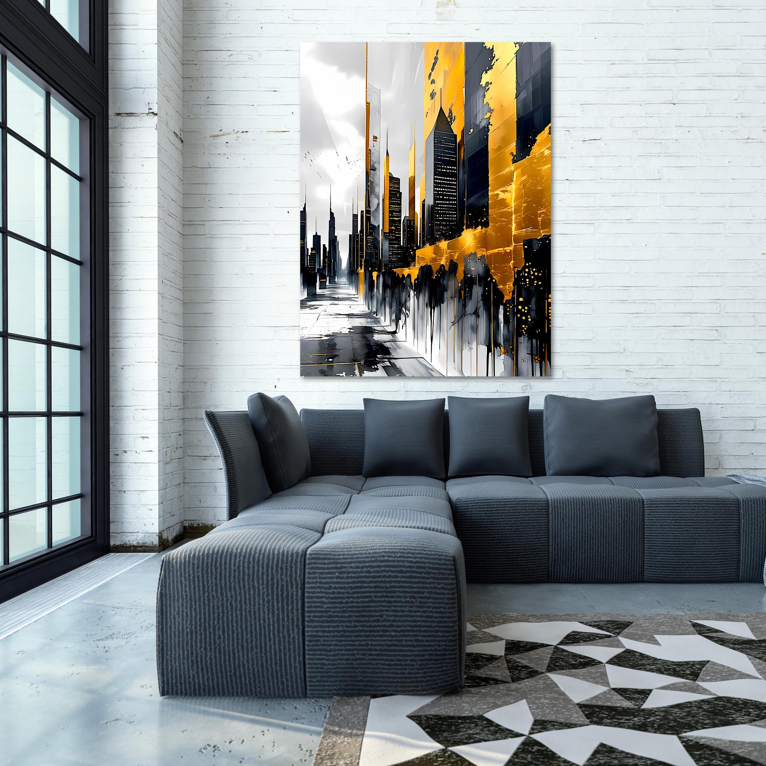 Black and gold city skyline illustration with reflective street perspective and expressive paint splatters.