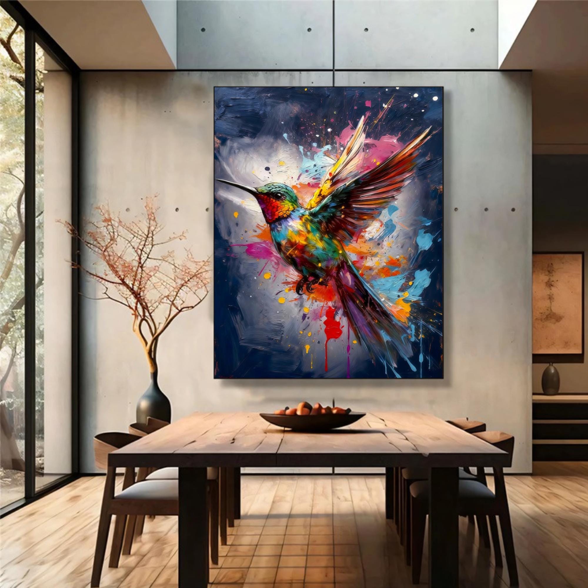 Colorful Hummingbird Wall Art Print, Blue Background, Premium Paper Poster, Canvas Print, Digital Download AffinityArts