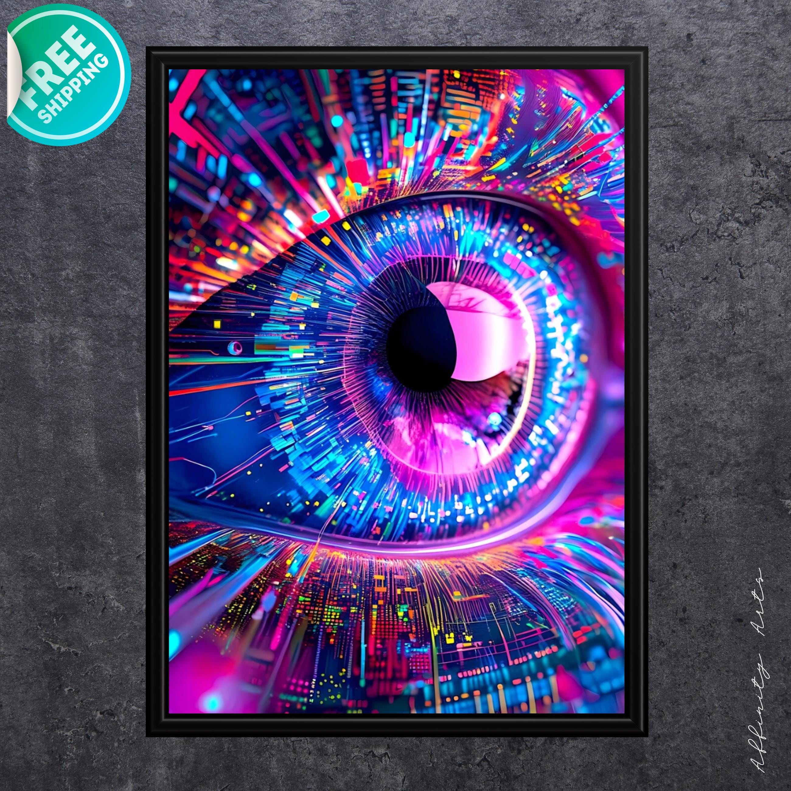 AI Vision Wall Art - Abstract Futuristic Eye Canvas Print in Neon Tech Style