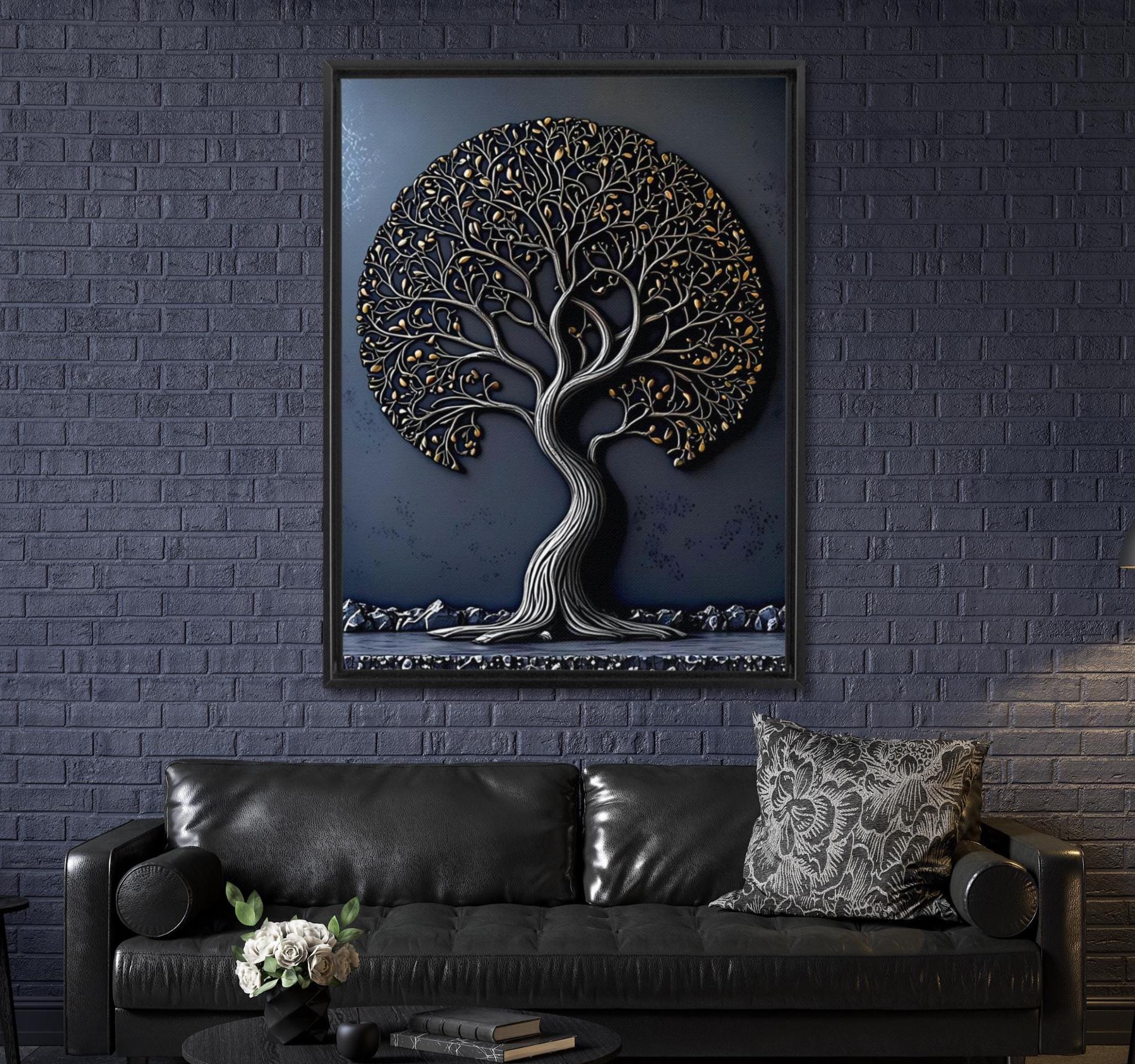 Tree of Life Canvas Art: Gold & Silver Metal Effect, Floating Frame - AffinityArts 